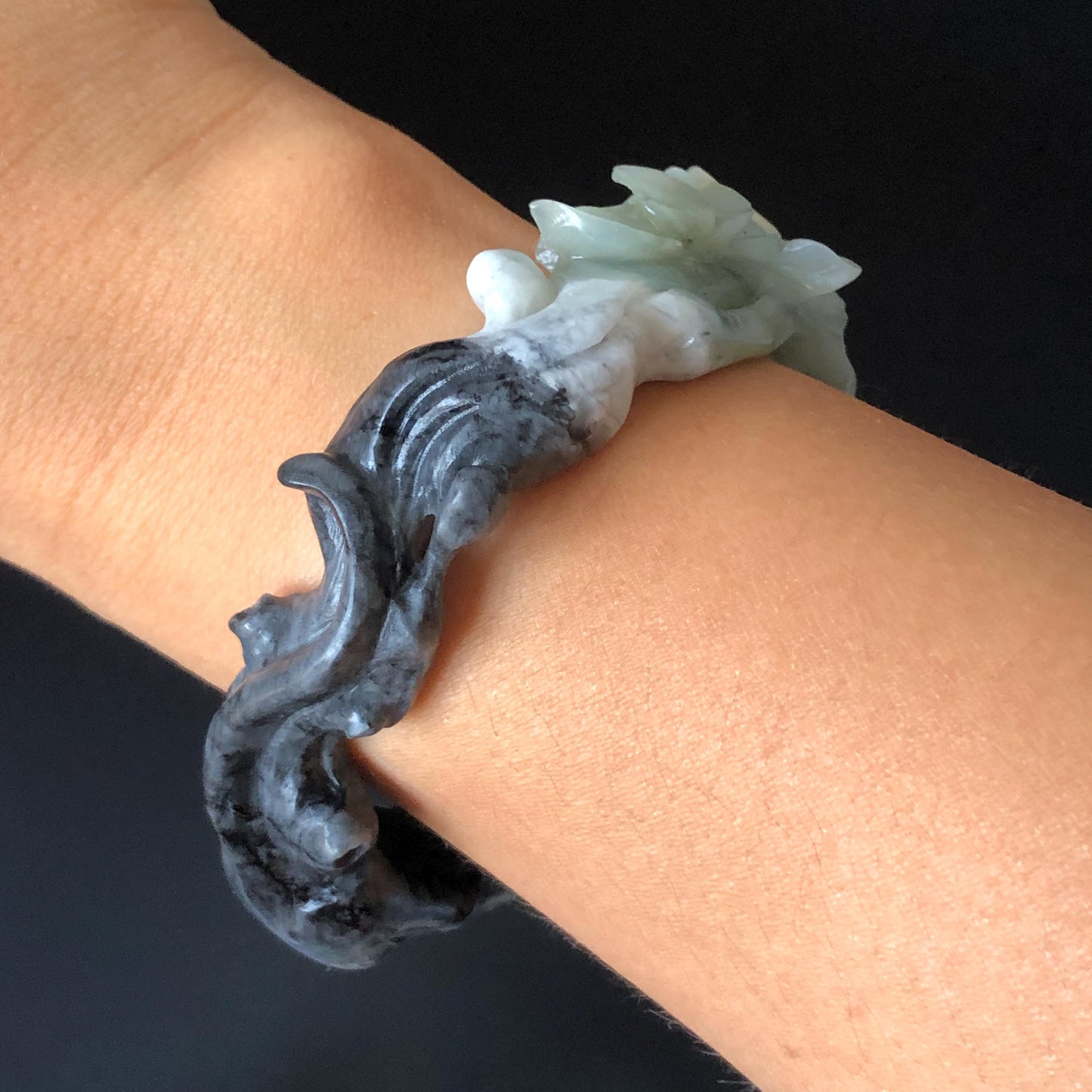 Certificate 56.3mm Natural Xiu Jade (Serpentine) Hand Carved Black Panther in Blue Peach Blossom Bangle | Crystal Stone Bracelet Gemstone