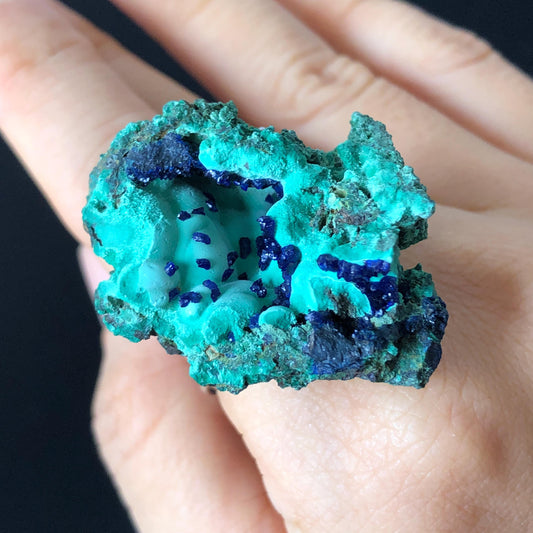 Raw Azurite Malachite Ring, Raw Stone Ring, Raw Crystal Ring, Big Statement Ring, Rough Irregular Chunky Gemstone Ring Gift for Men and Women, Sparky Shiny Crystal Ring, May Birthstone Ring, Silver Gold plated copper ring, birthday gift for her him