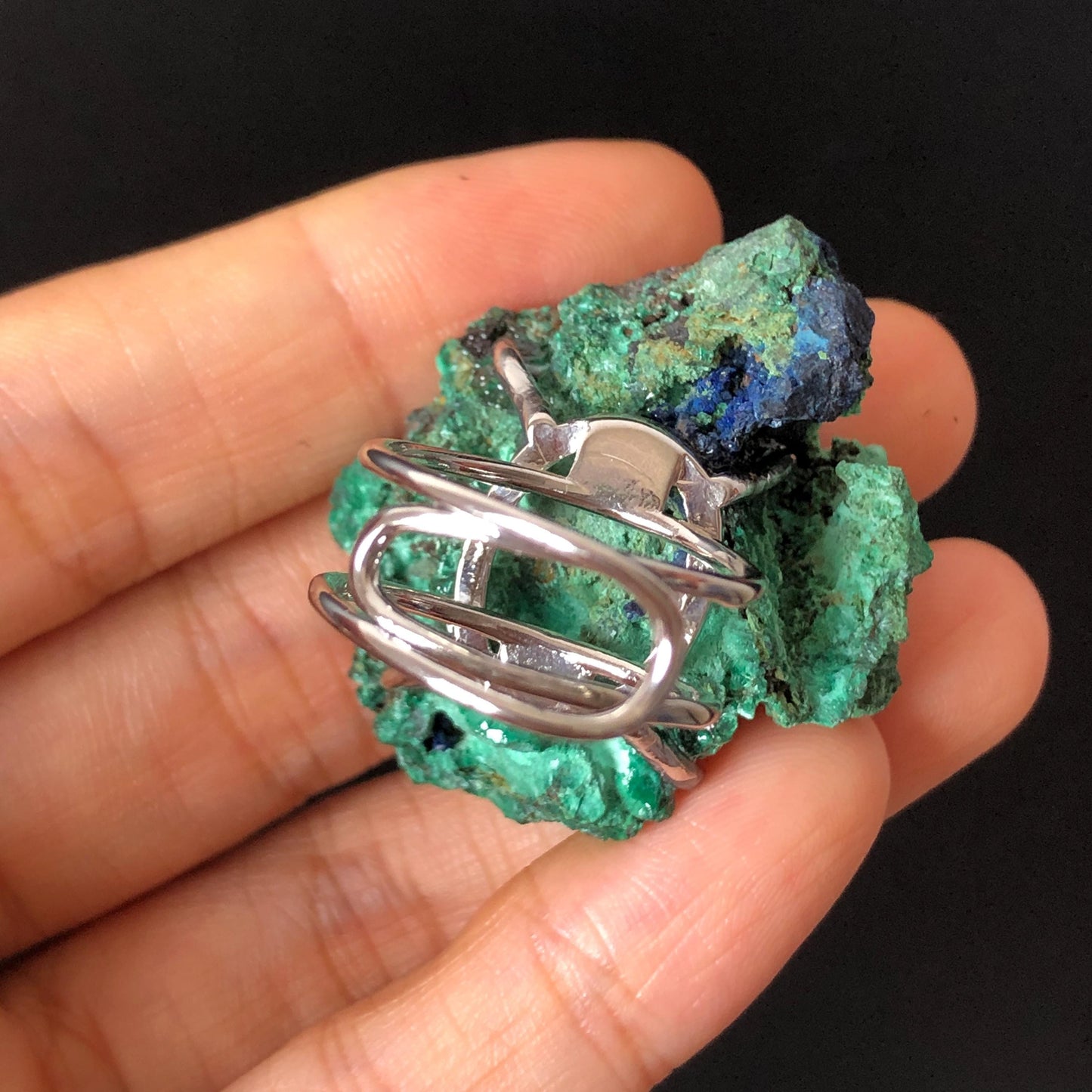 Raw Azurite Malachite Ring, Raw Stone Ring, Raw Crystal Ring, Big Statement Ring, Rough Irregular Chunky Gemstone Ring Gift for Men and Women, Sparky Shiny Crystal Ring, May Birthstone Ring, Silver Gold plated copper ring, birthday gift for her him