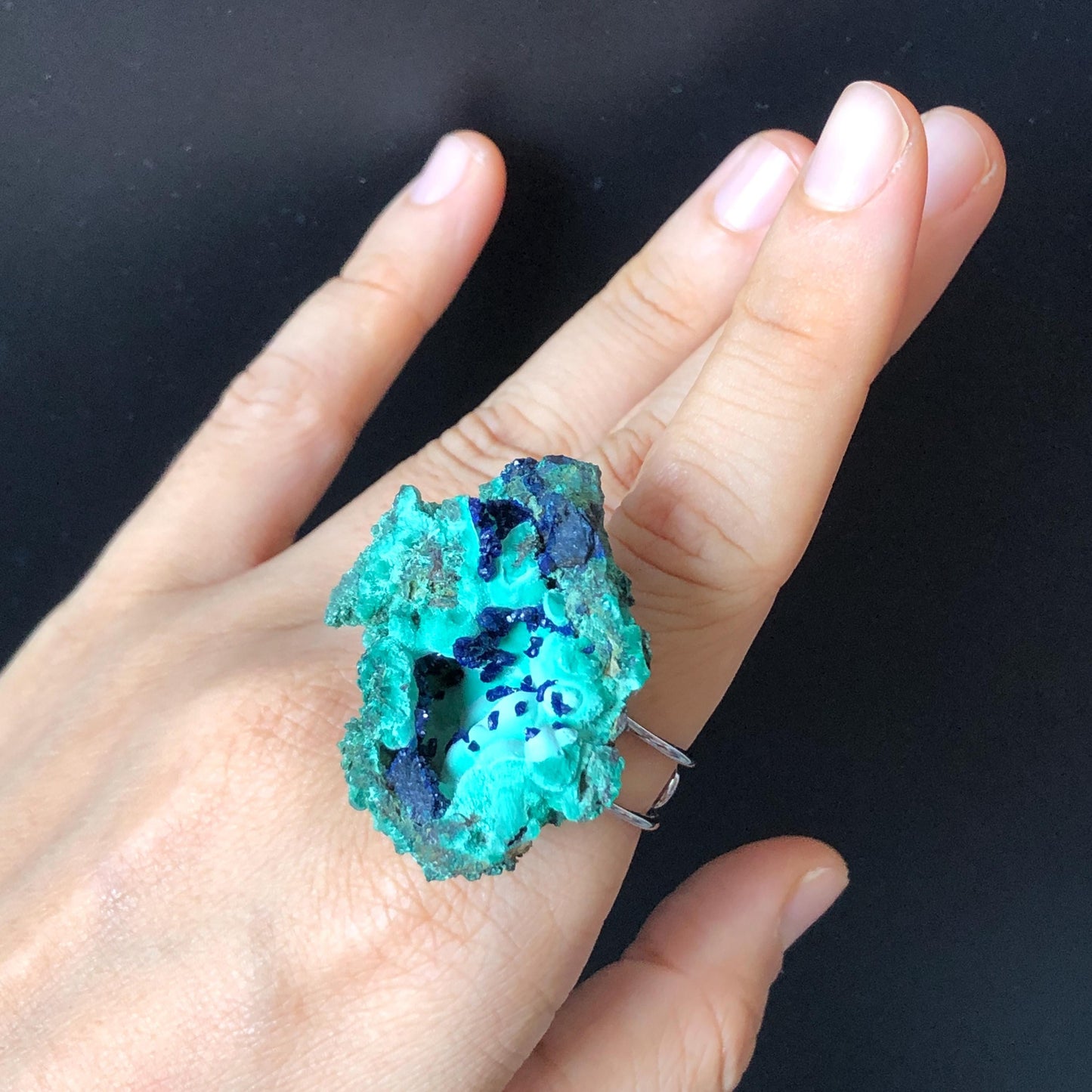 Raw Azurite Malachite Ring, Raw Stone Ring, Raw Crystal Ring, Big Statement Ring, Rough Irregular Chunky Gemstone Ring Gift for Men and Women, Sparky Shiny Crystal Ring, May Birthstone Ring, Silver Gold plated copper ring, birthday gift for her him