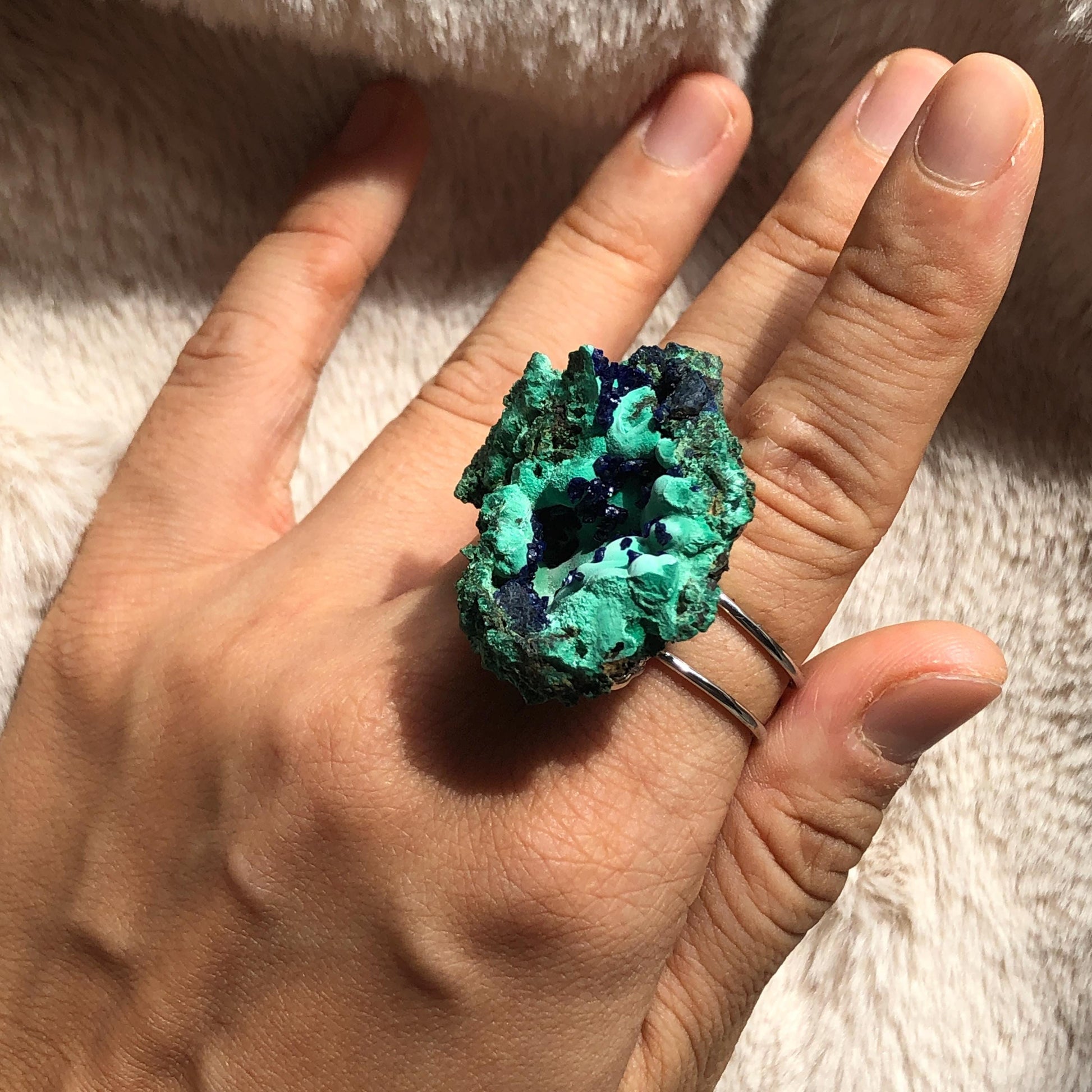 Raw Azurite Malachite Ring, Raw Stone Ring, Raw Crystal Ring, Big Statement Ring, Rough Irregular Chunky Gemstone Ring Gift for Men and Women, Sparky Shiny Crystal Ring, May Birthstone Ring, Silver Gold plated copper ring, birthday gift for her him