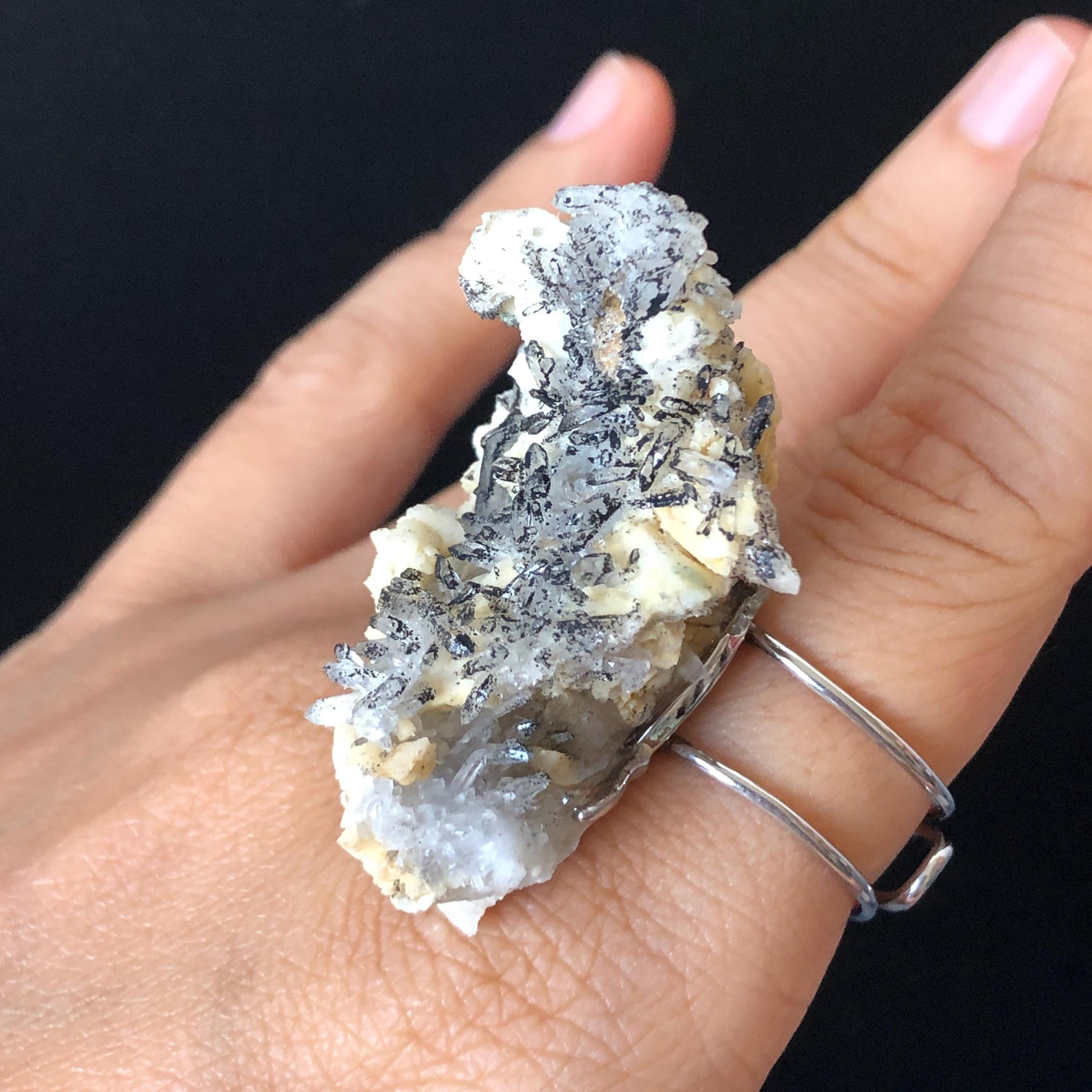 Natural Raw Veszelyite Crystal Ring | Sparkling Black & White | Self-Love Stone | Adjustable Statement Ring | Gemstone Birthstone