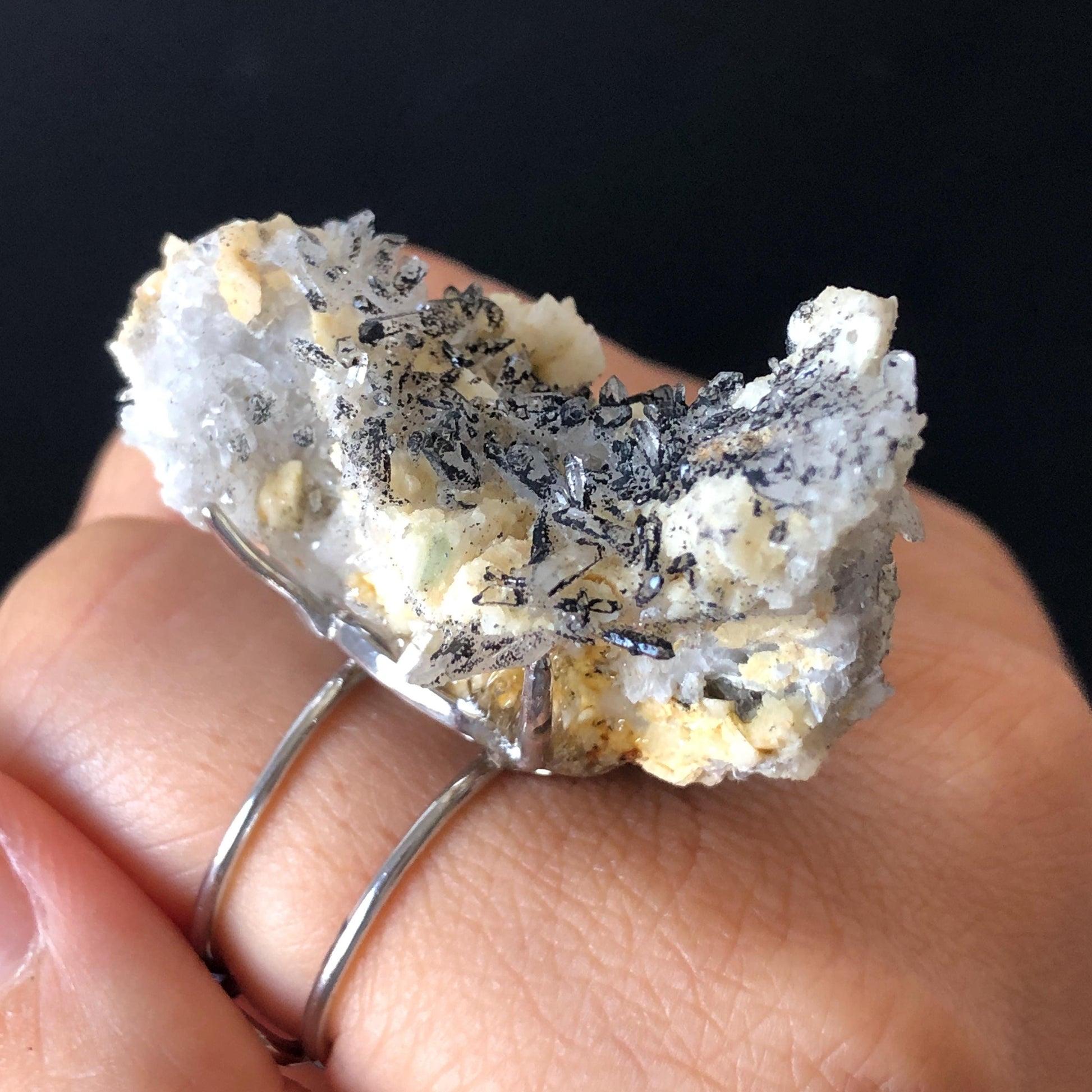 Natural Raw Veszelyite Crystal Ring | Sparkling Black & White | Self-Love Stone | Adjustable Statement Ring | Gemstone Birthstone