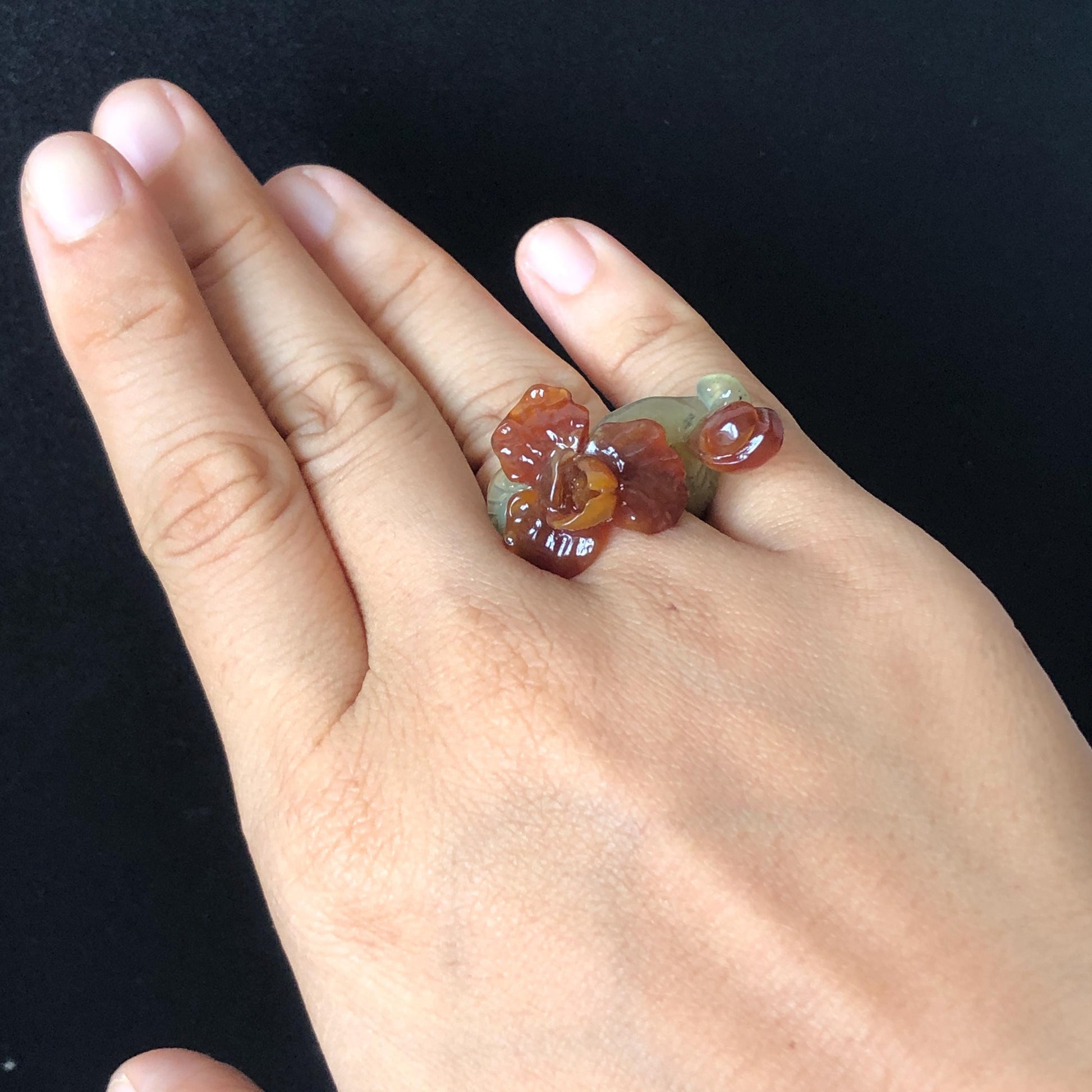 Natural Xiu Jade Serpentine Hand Craved Iris Flower and buds Blooming Ring | 16.1mm (US 5.5-6) | Caramel Brown & Green | Crystal Gemstone