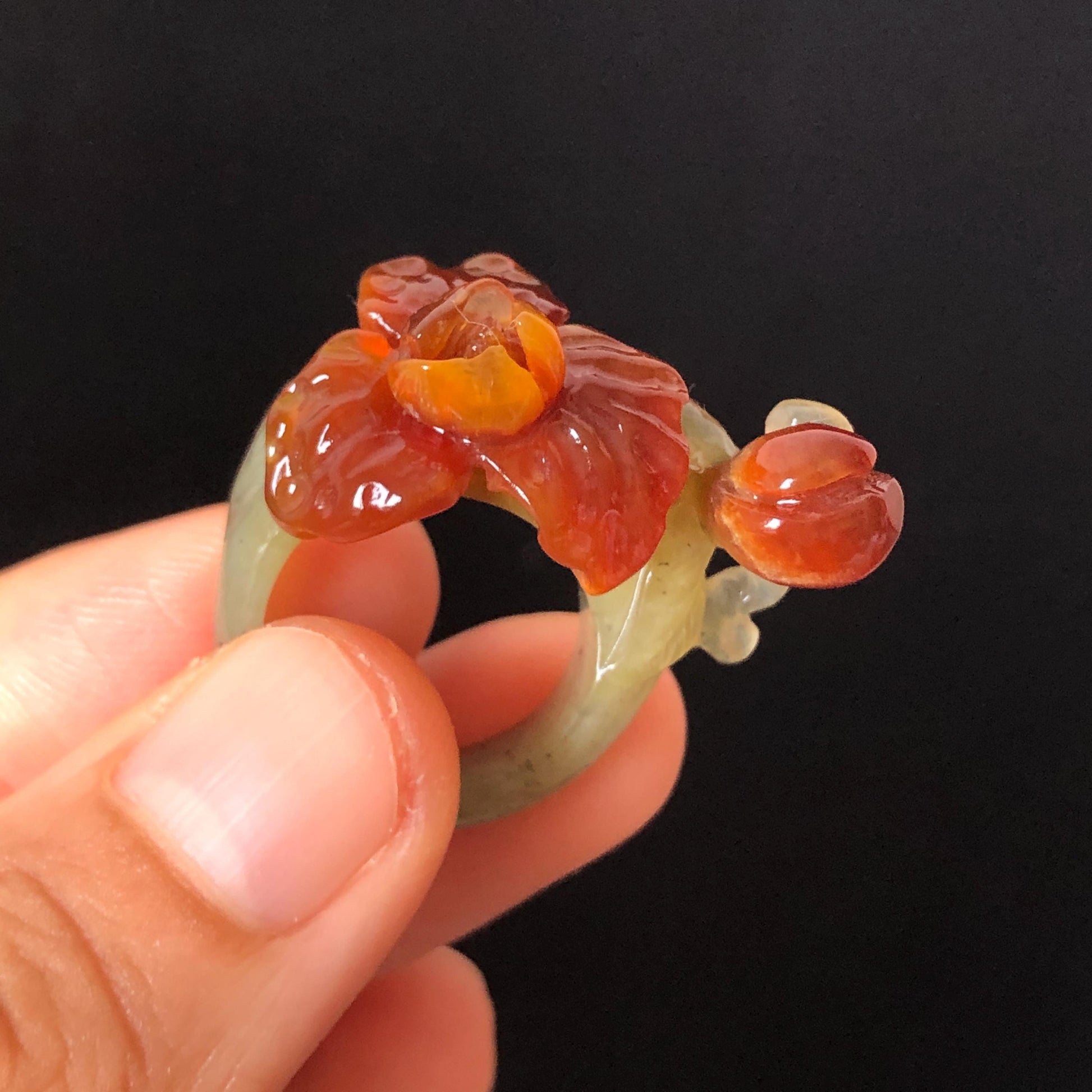 Natural Xiu Jade Serpentine Hand Craved Iris Flower and buds Blooming Ring | 16.1mm (US 5.5-6) | Caramel Brown & Green | Crystal Gemstone