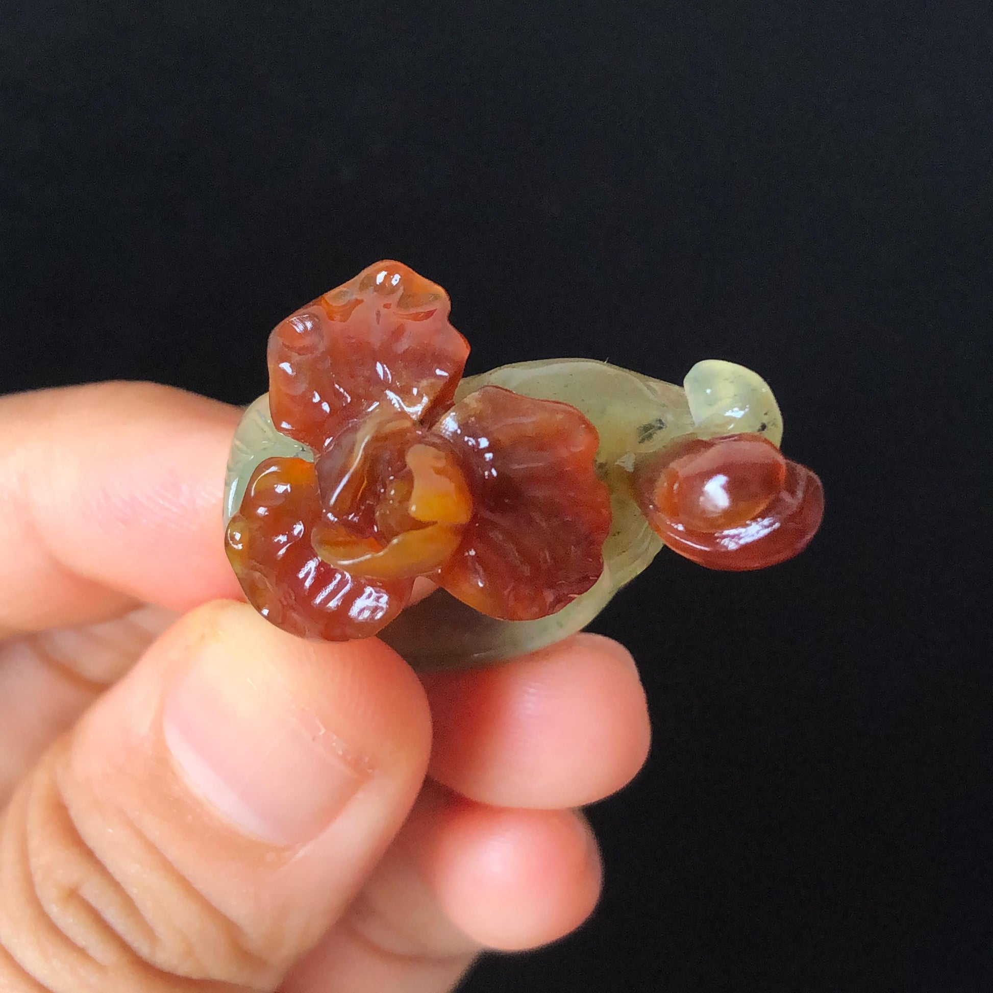 Natural Xiu Jade Serpentine Hand Craved Iris Flower and buds Blooming Ring | 16.1mm (US 5.5-6) | Caramel Brown & Green | Crystal Gemstone