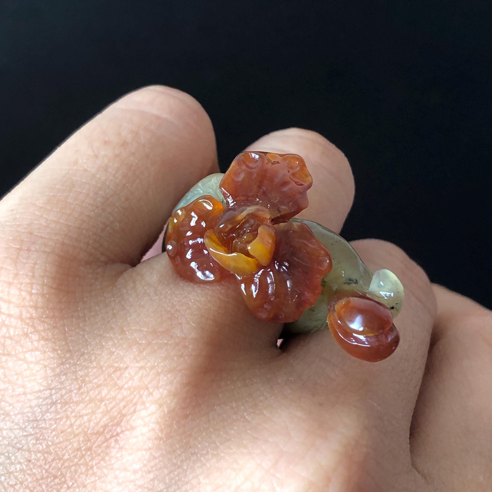 Natural Xiu Jade Serpentine Hand Craved Iris Flower and buds Blooming Ring | 16.1mm (US 5.5-6) | Caramel Brown & Green | Crystal Gemstone