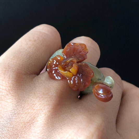 Natural Xiu Jade Serpentine Hand Craved Iris Flower and buds Blooming Ring | 16.1mm (US 5.5-6) | Caramel Brown & Green | Crystal Gemstone