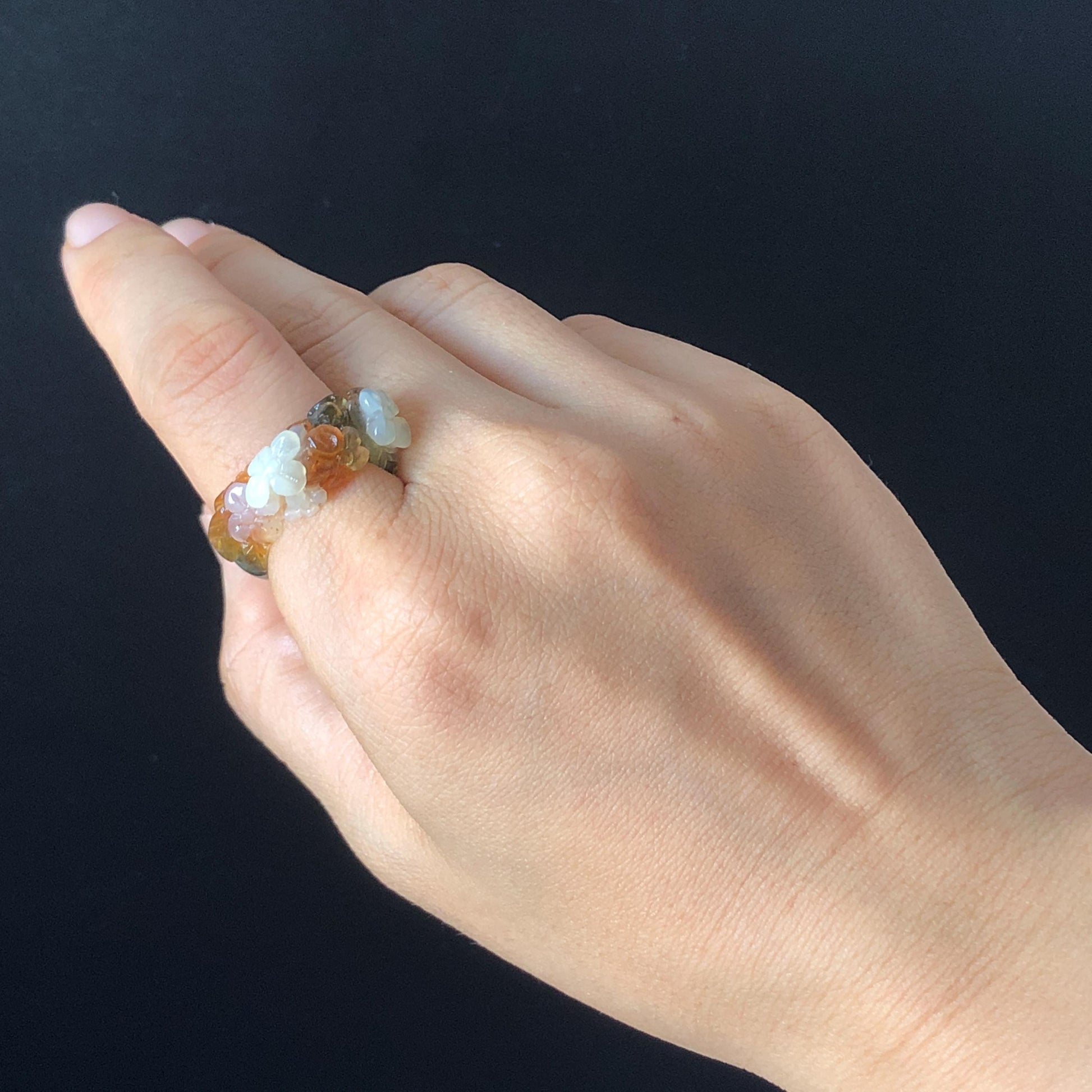 Natural Xiu Jade Serpentine Hand Carved Flowers Blooming Ring | 16.9mm (US 6.5-7) | 4 colours | Orange Yellow Green White | Crystal Gemstone