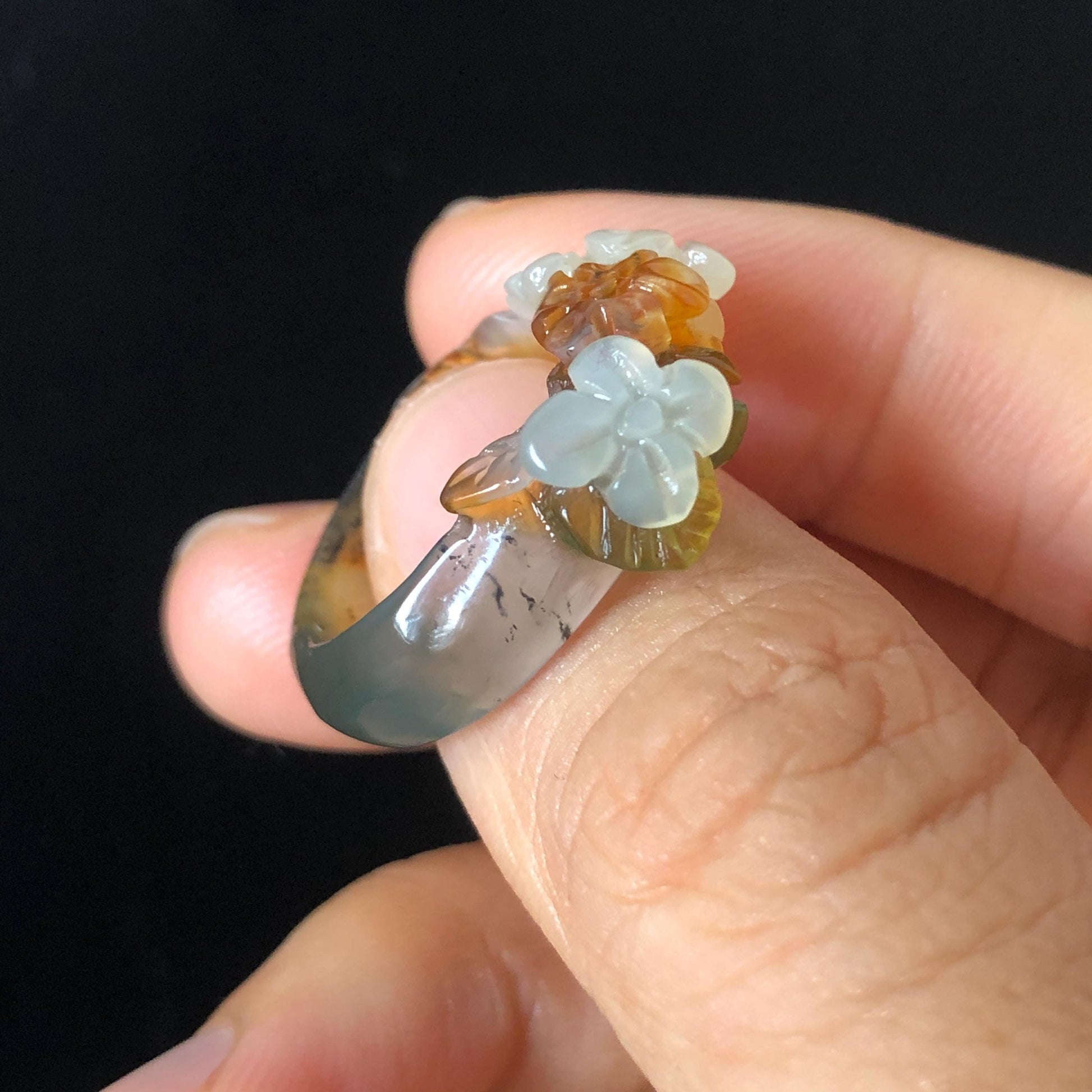 Natural Xiu Jade Serpentine Hand Carved Flowers Blooming Ring | 16.9mm (US 6.5-7) | 4 colours | Orange Yellow Green White | Crystal Gemstone