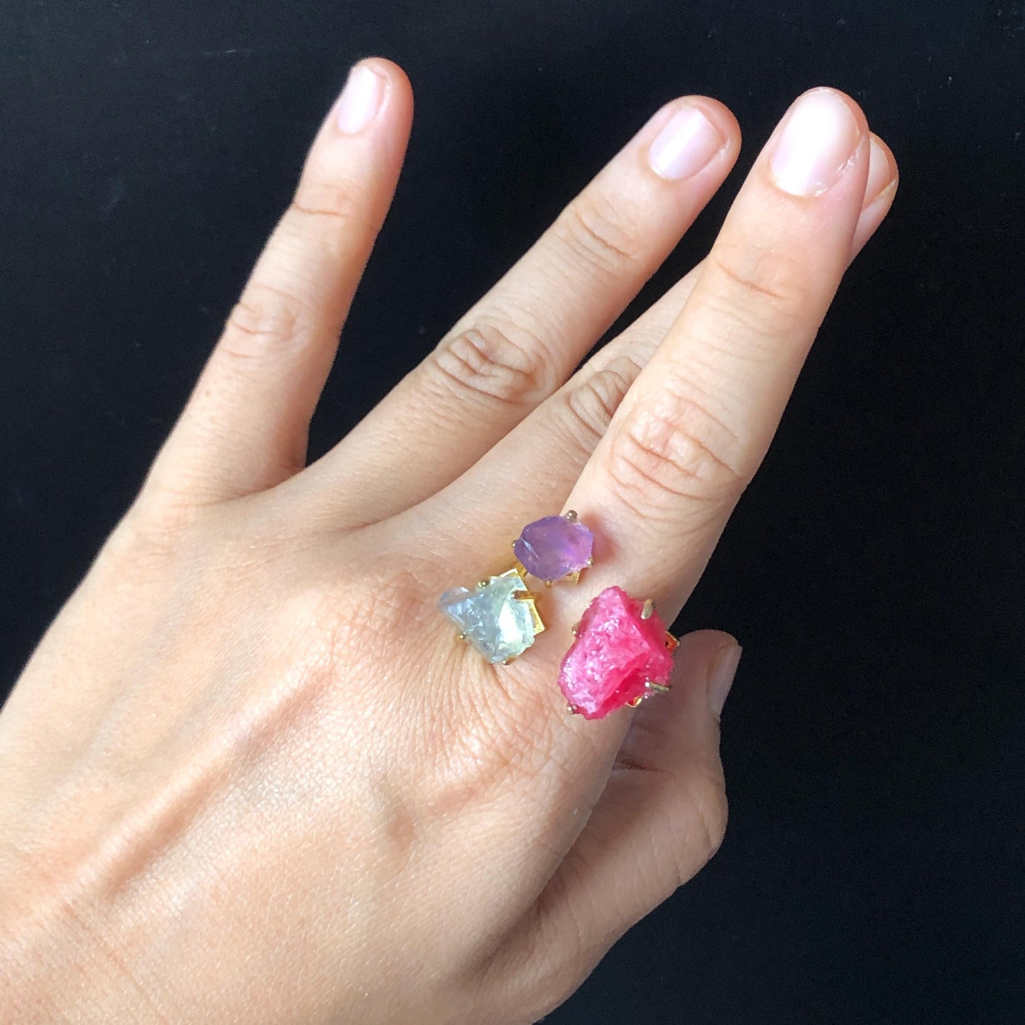 Raw Rhodonite, Amethyst, Fluorite Crystal Ring | 3 Colours Ring | Adjustable Statement Band Ring | Natural Rough Gemstone | Birthstone gift