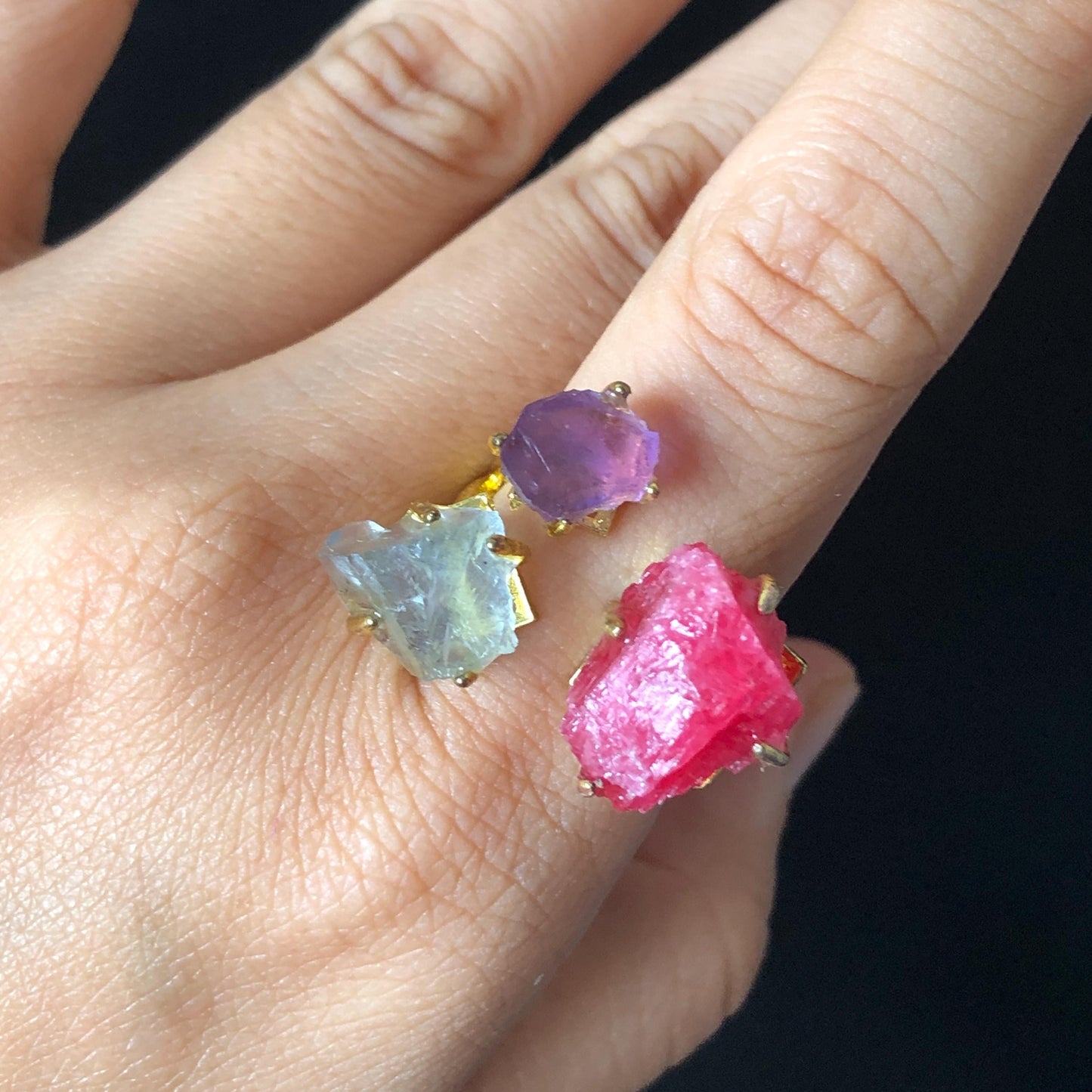 Raw Rhodonite, Amethyst, Fluorite Crystal Ring | 3 Colours Ring | Adjustable Statement Band Ring | Natural Rough Gemstone | Birthstone gift