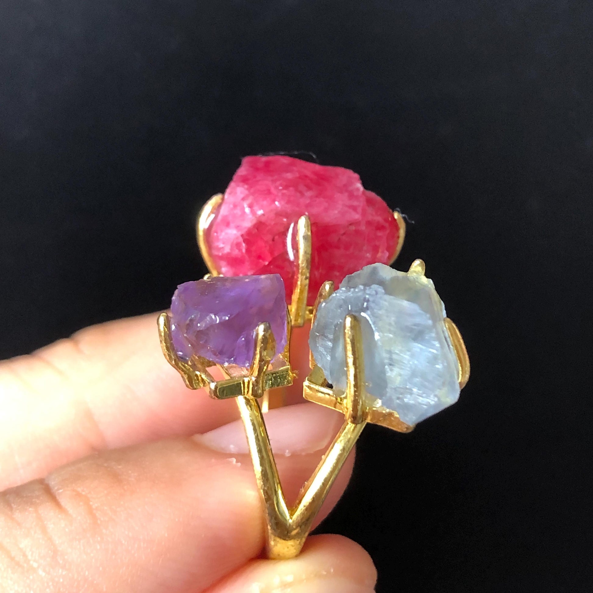 Raw Rhodonite, Amethyst, Fluorite Crystal Ring | 3 Colours Ring | Adjustable Statement Band Ring | Natural Rough Gemstone | Birthstone gift