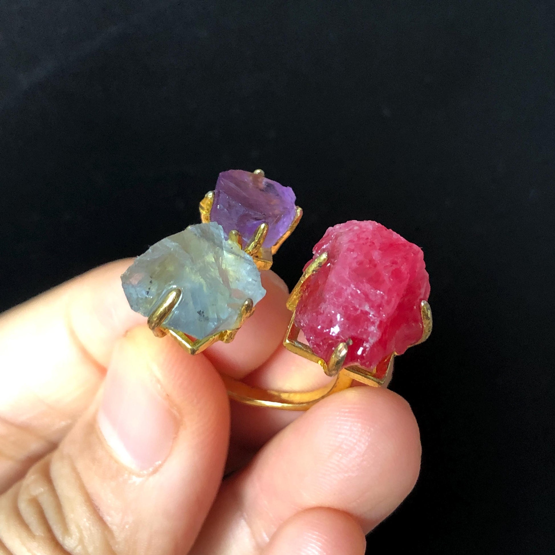 Raw Rhodonite, Amethyst, Fluorite Crystal Ring | 3 Colours Ring | Adjustable Statement Band Ring | Natural Rough Gemstone | Birthstone gift