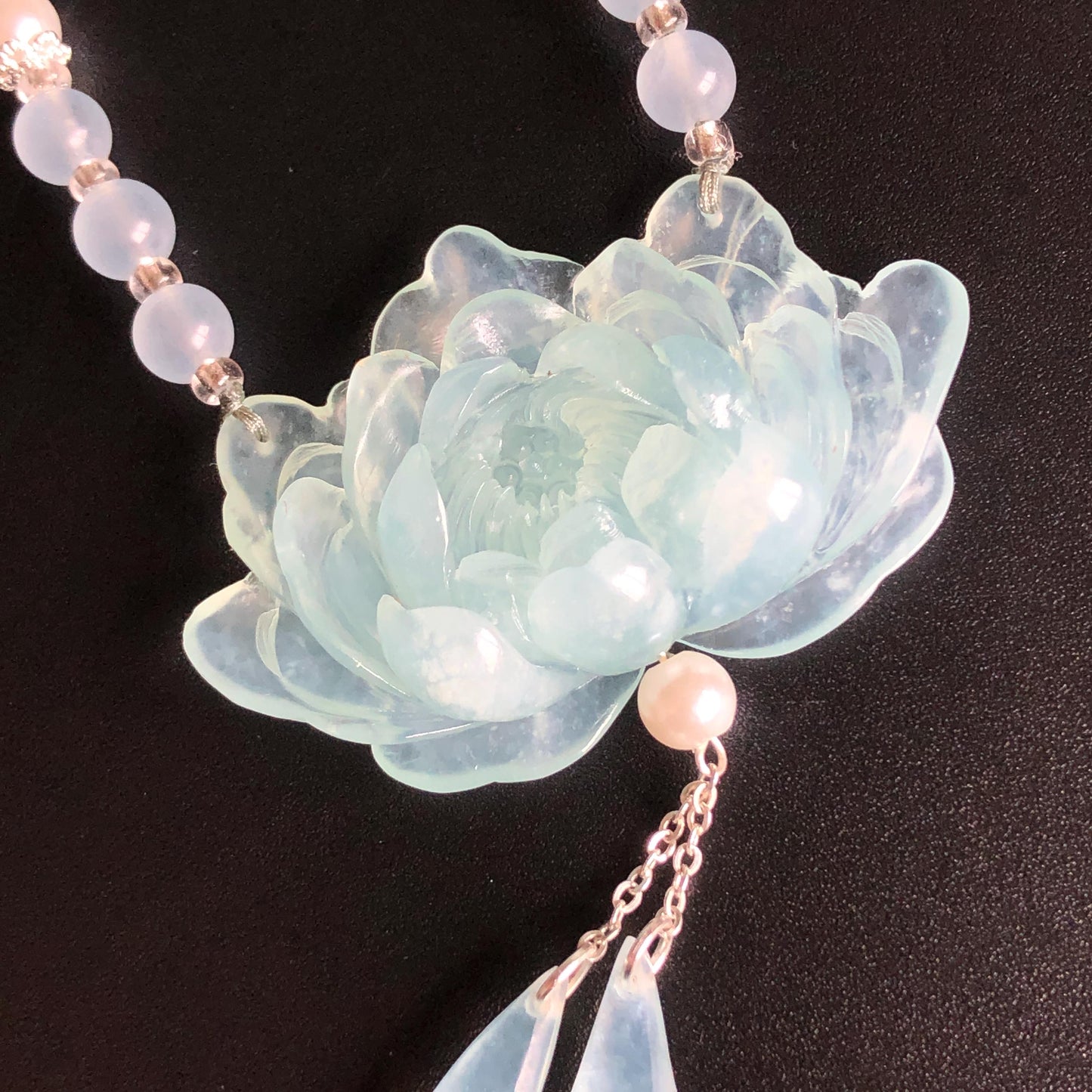 Certificate Natural Xiu Jade (Serpentine) Hand Carved Peony Flower Pendant | Adjustable Necklace Choker | Icy  Blue | Asian Vintage Style