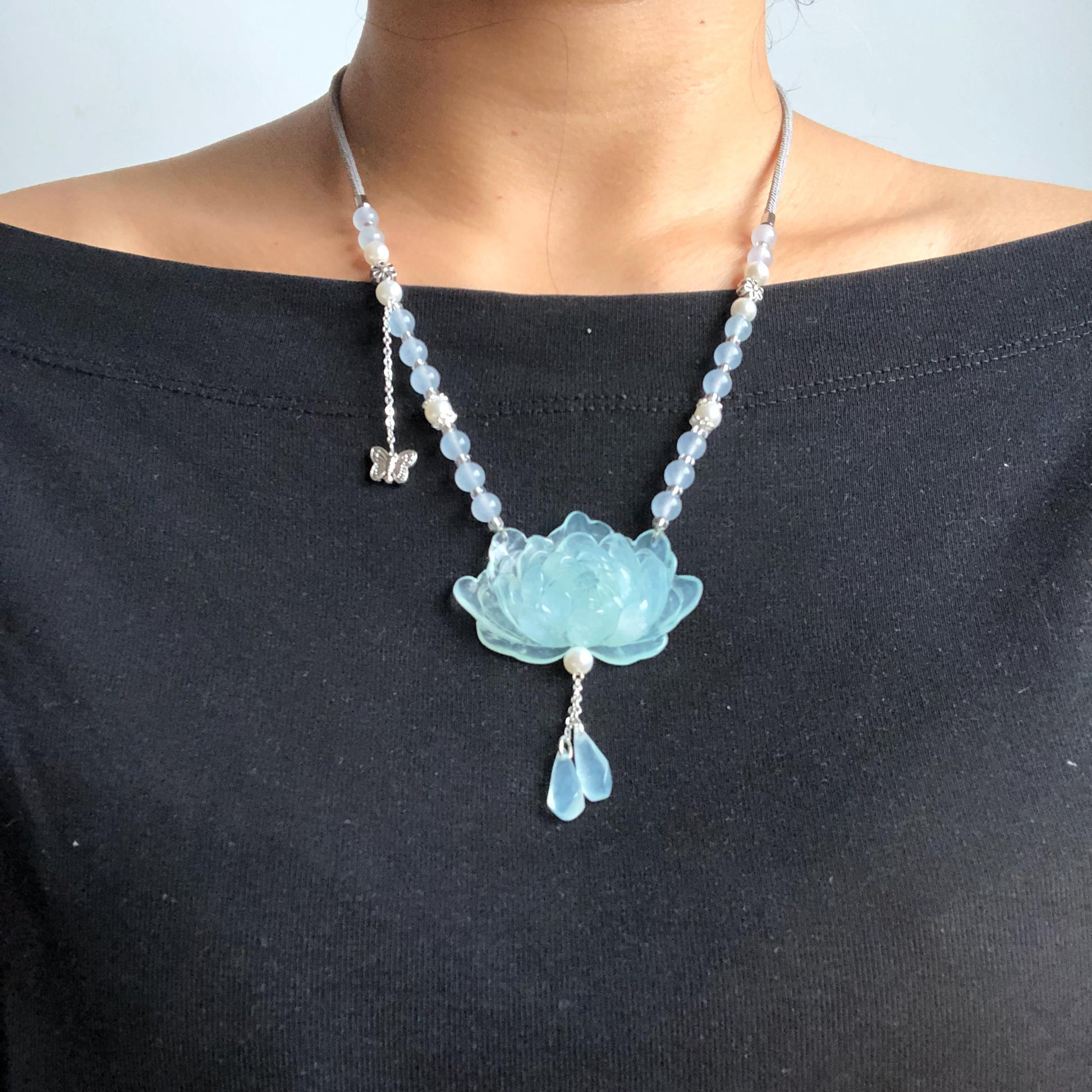 Certificate Natural Xiu Jade (Serpentine) Hand Carved Peony Flower Pendant | Adjustable Necklace Choker | Icy  Blue | Asian Vintage Style