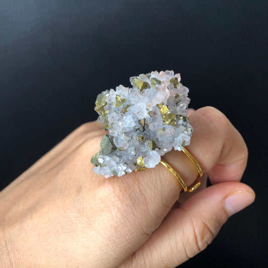 Raw Red Quartz and Chalcopyrite Crystal Ring | Intergrowth minerals | Adjustable Statement Band Ring | Natural Gemstone | Passion Stone |