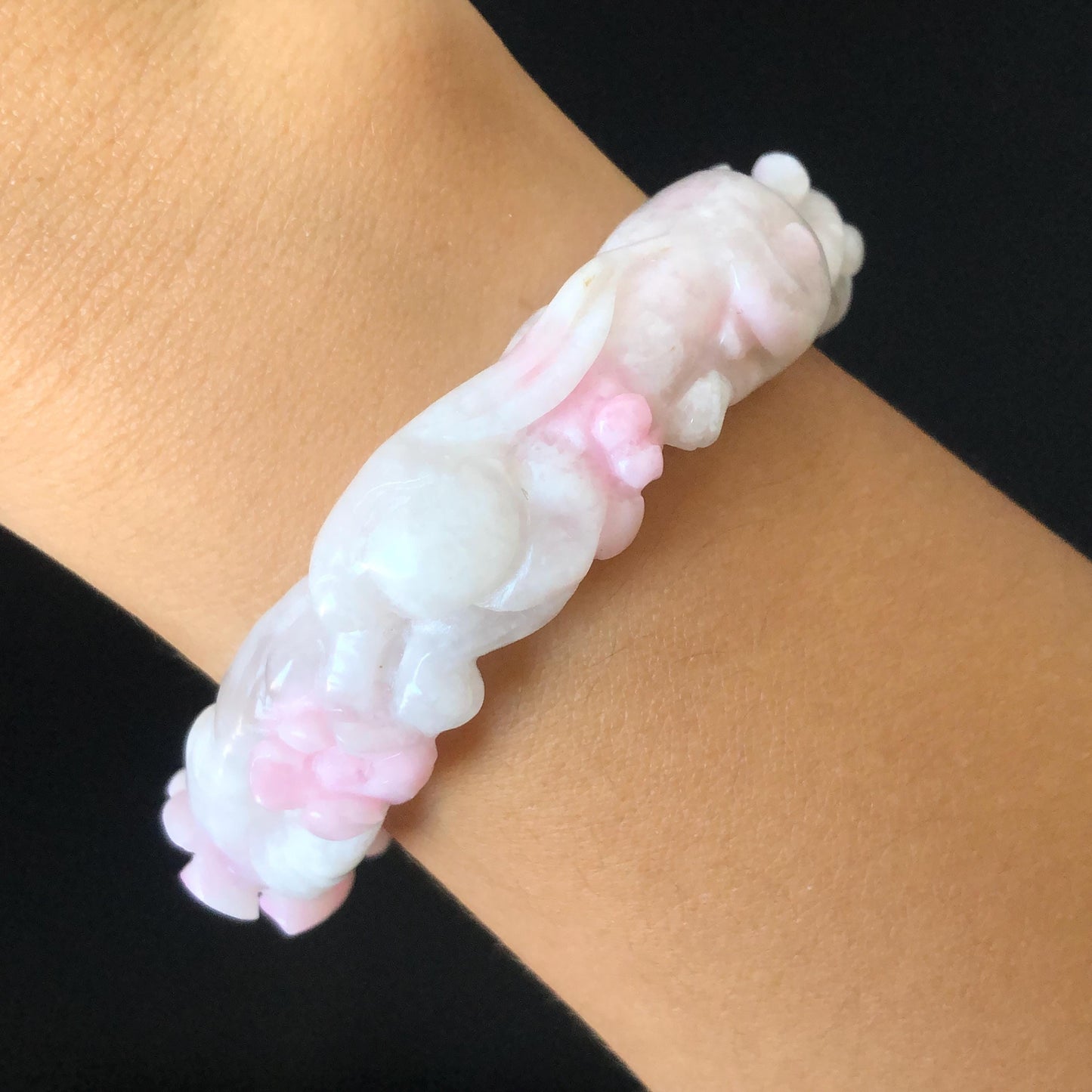 54.1mm Natural SheTaiCui Jade (Quartzite) Hand Carved Rabbit Bunny Flowers Bangle | Pink Purple White | Crystal Bracelet Gemstone Jewellery