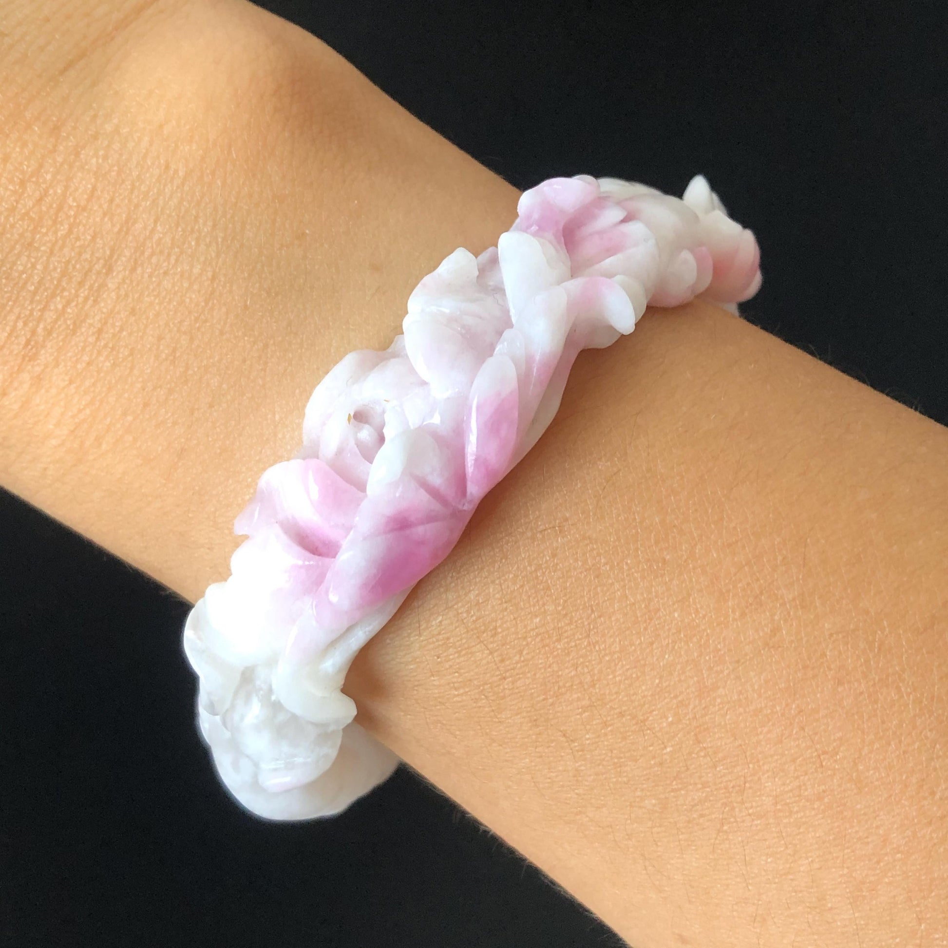 54.1mm Natural SheTaiCui Jade (Quartzite) Hand Carved Rabbit Bunny Flowers Bangle | Pink Purple White | Crystal Bracelet Gemstone Jewellery
