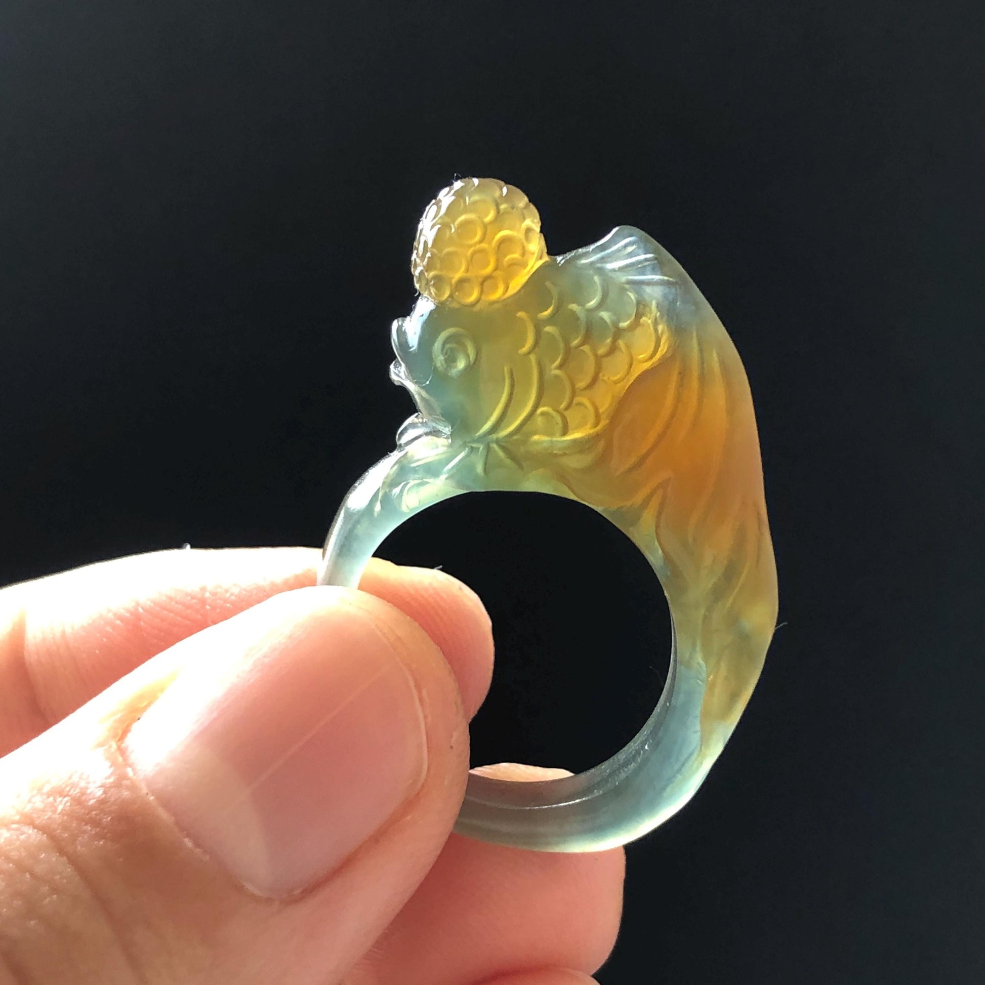 Natural Xiu Jade Serpentine Hand Carved Goldfish Ring | 16.2mm (US 5.5-6) | Icy Greenish Blue and Orange | Crystal Stone Gemstone Ring