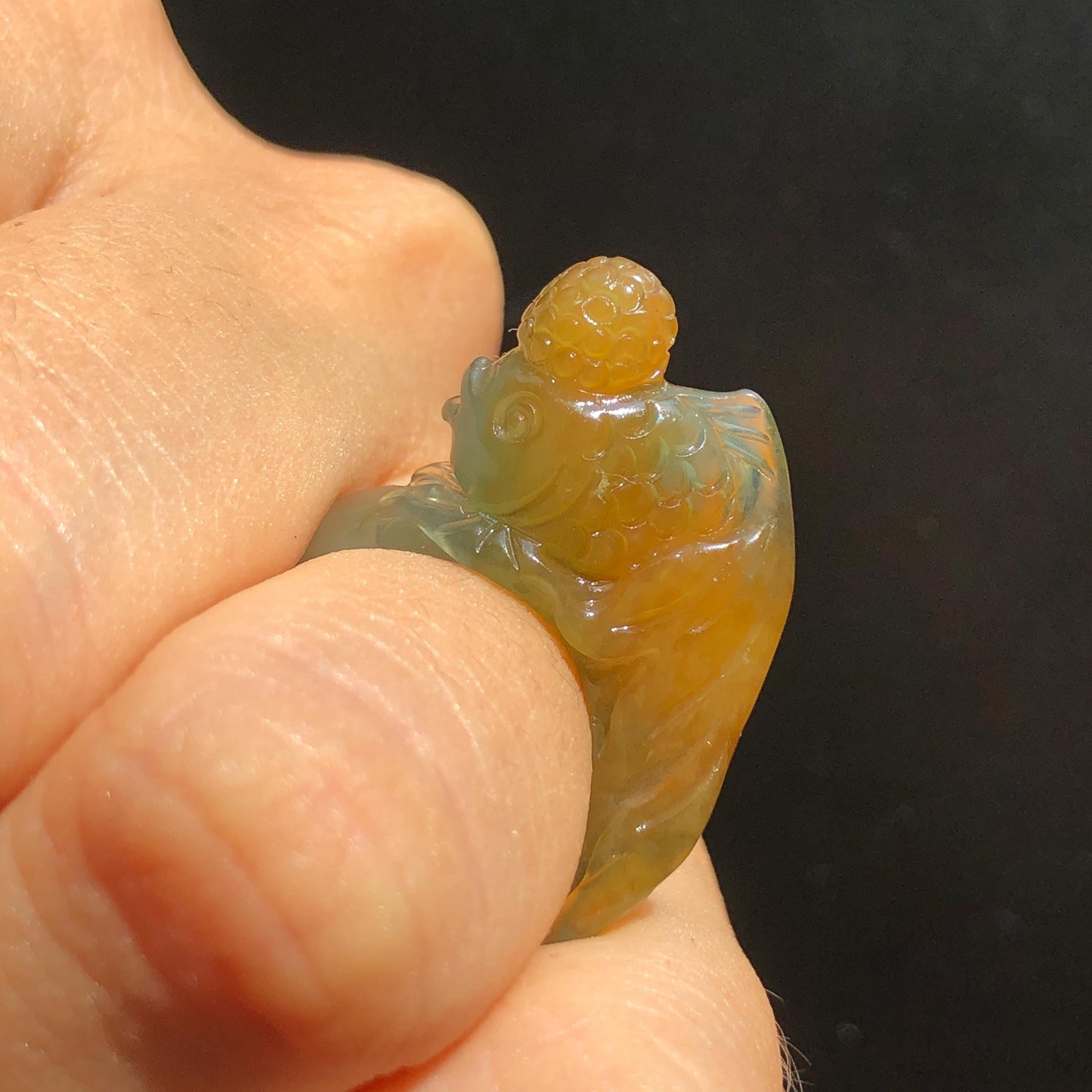 Natural Xiu Jade Serpentine Hand Carved Goldfish Ring | 16.2mm (US 5.5-6) | Icy Greenish Blue and Orange | Crystal Stone Gemstone Ring