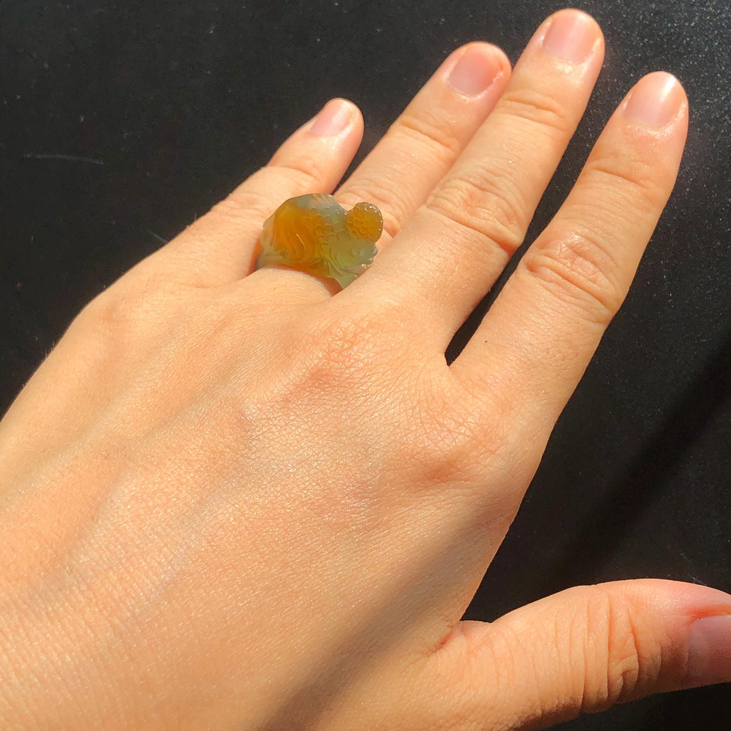 Natural Xiu Jade Serpentine Hand Carved Goldfish Ring | 16.2mm (US 5.5-6) | Icy Greenish Blue and Orange | Crystal Stone Gemstone Ring