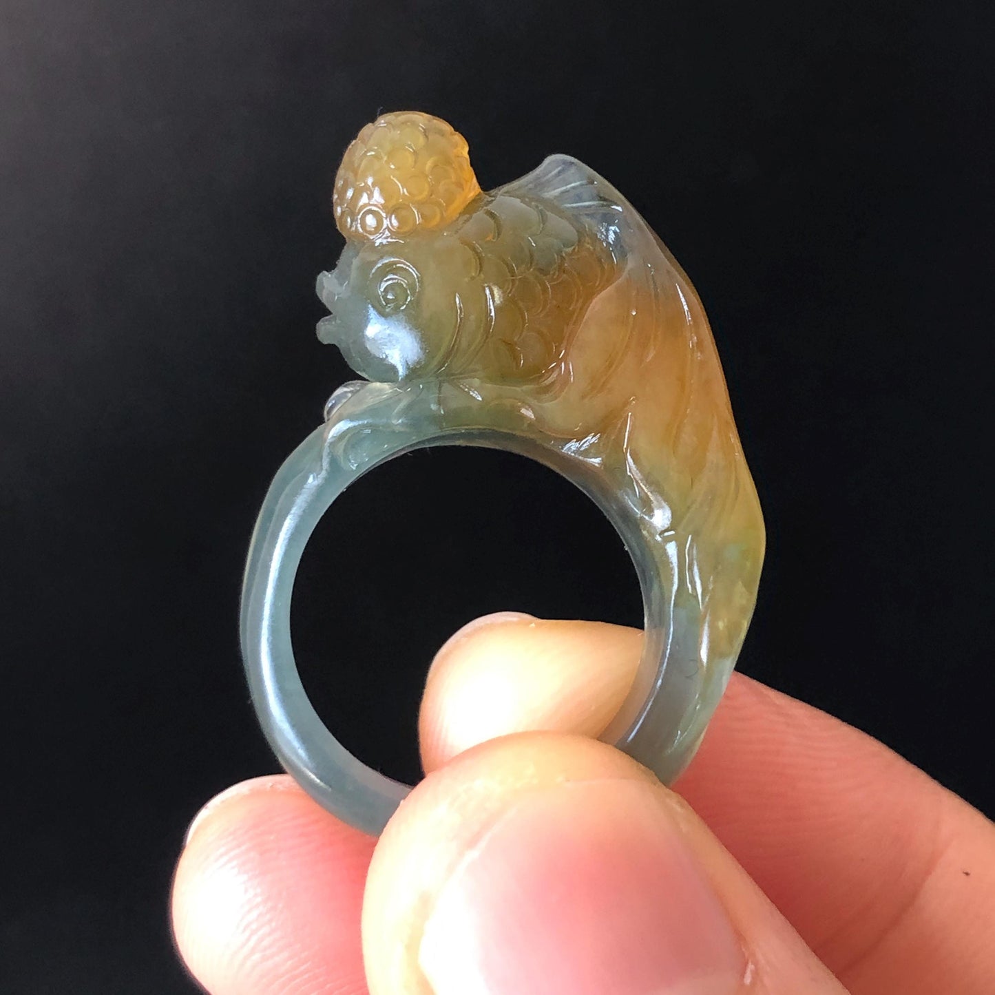 Natural Xiu Jade Serpentine Hand Carved Goldfish Ring | 16.2mm (US 5.5-6) | Icy Greenish Blue and Orange | Crystal Stone Gemstone Ring