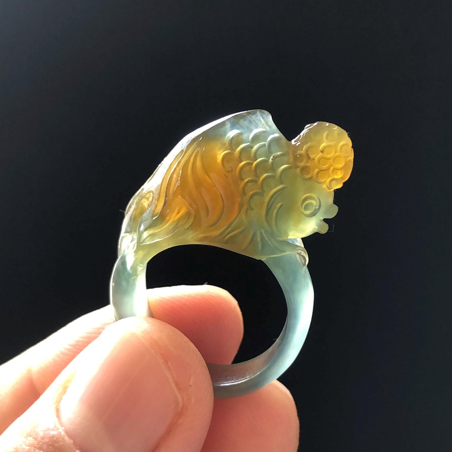 Natural Xiu Jade Serpentine Hand Carved Goldfish Ring | 16.2mm (US 5.5-6) | Icy Greenish Blue and Orange | Crystal Stone Gemstone Ring