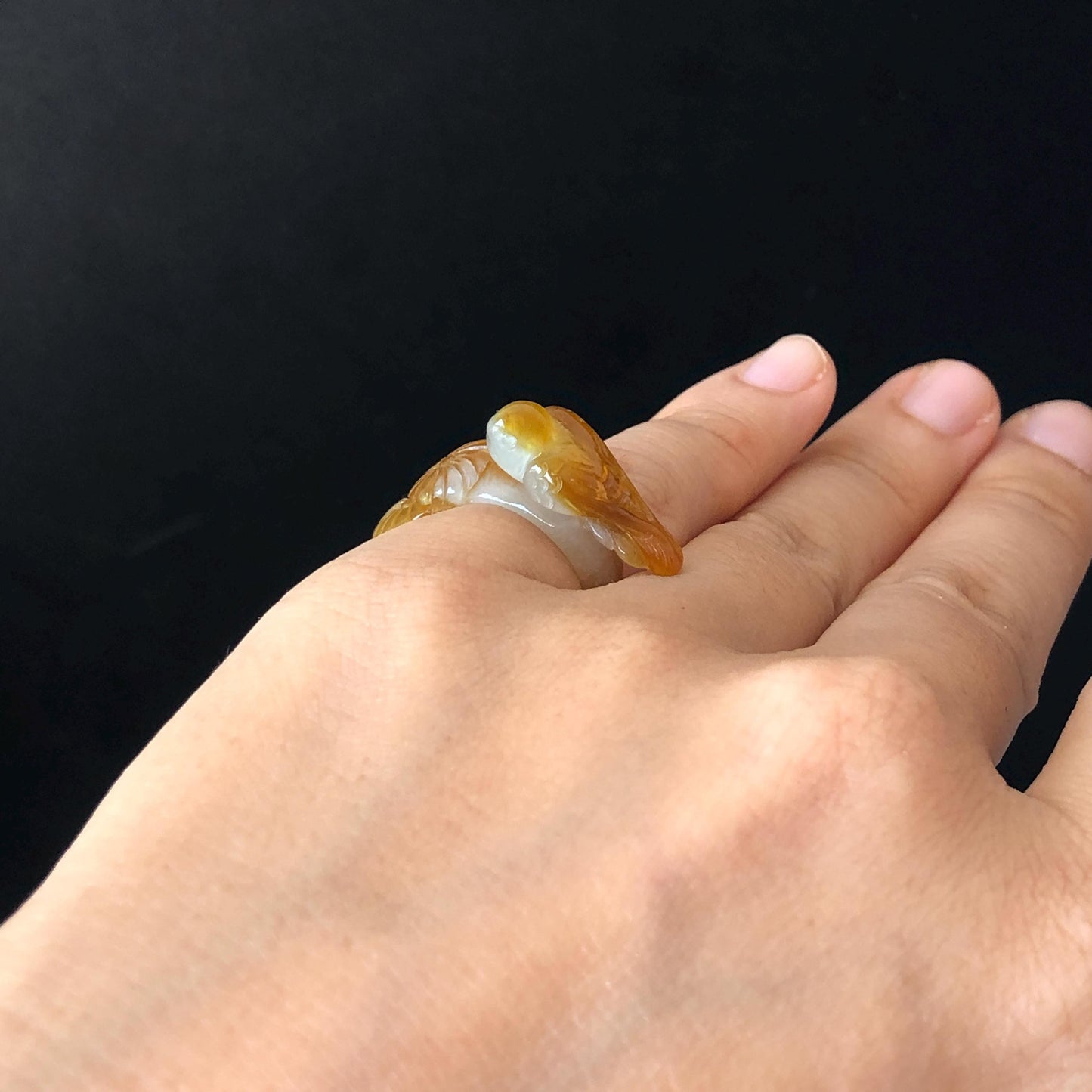 Natural Xiu Jade (Serpentine) Hand Carved Bird and Flower Ring | 15.1mm (US 4-4.5) | Caramel Brown & White | Pinky Ring | Crystal Gemstone