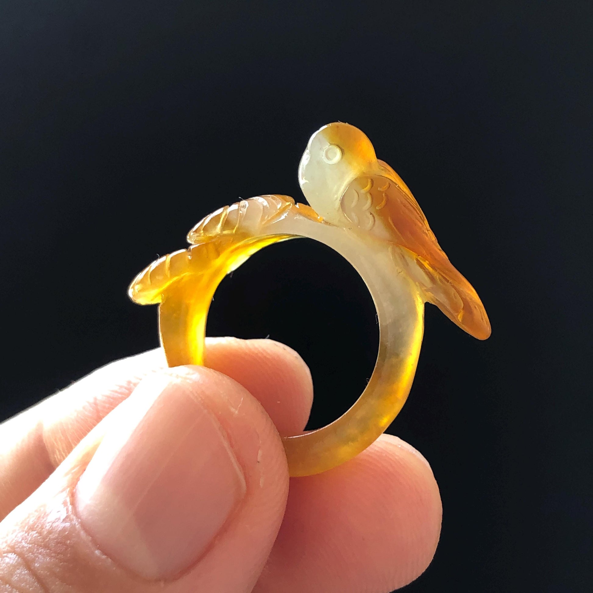 Natural Xiu Jade (Serpentine) Hand Carved Bird and Flower Ring | 15.1mm (US 4-4.5) | Caramel Brown & White | Pinky Ring | Crystal Gemstone