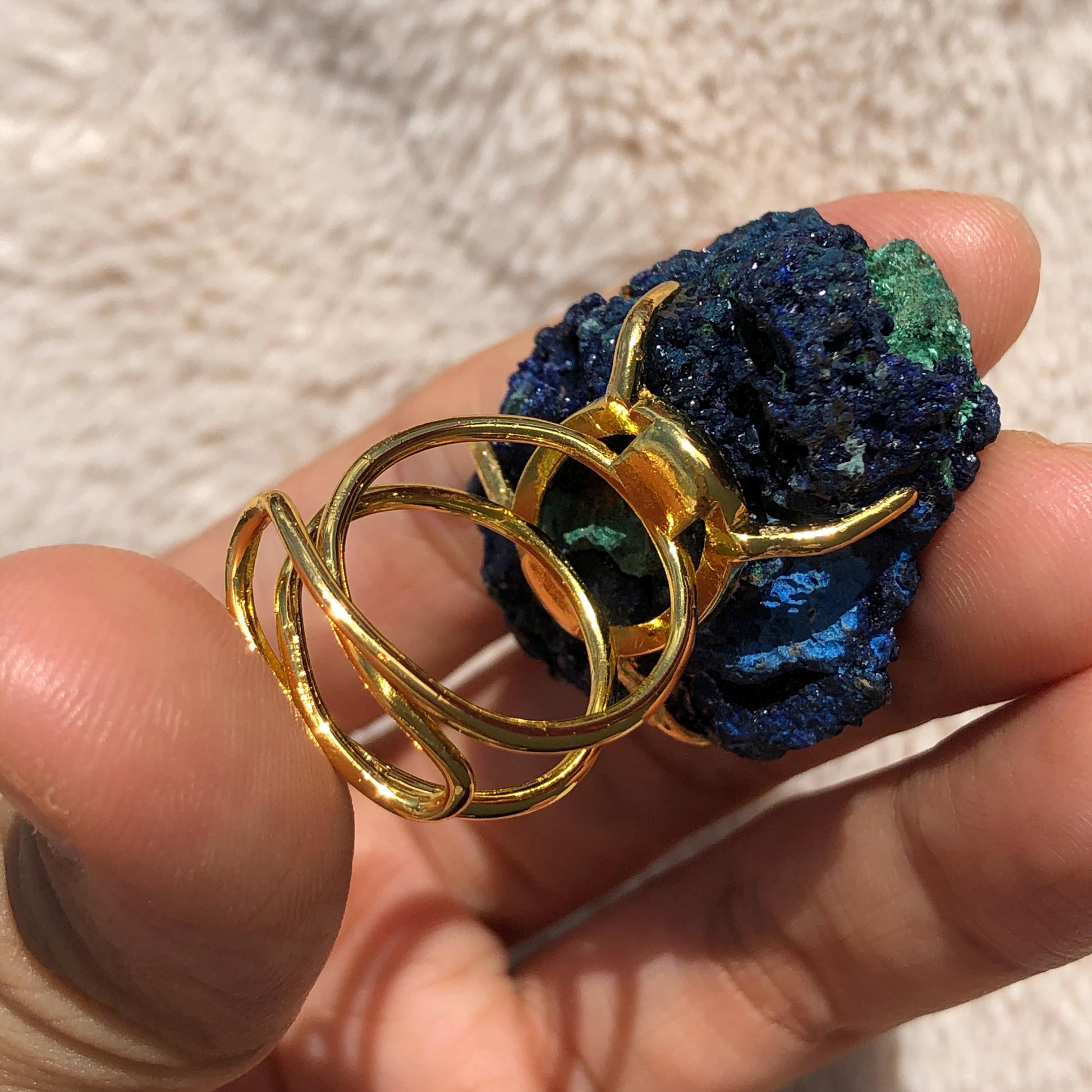 Raw Azurite Malachite Ring, Raw Stone Ring, Raw Crystal Ring, Big Statement Ring, Rough Irregular Chunky Gemstone Ring Gift for Men and Women, Sparky Shiny Crystal Ring, May Birthstone Ring, Silver Gold plated copper ring, birthday gift for her him