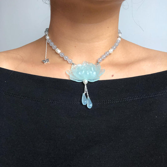 Certificate Natural Xiu Jade (Serpentine) Hand Carved Peony Flower Pendant | Adjustable Necklace Choker | Icy  Blue | Asian Vintage Style