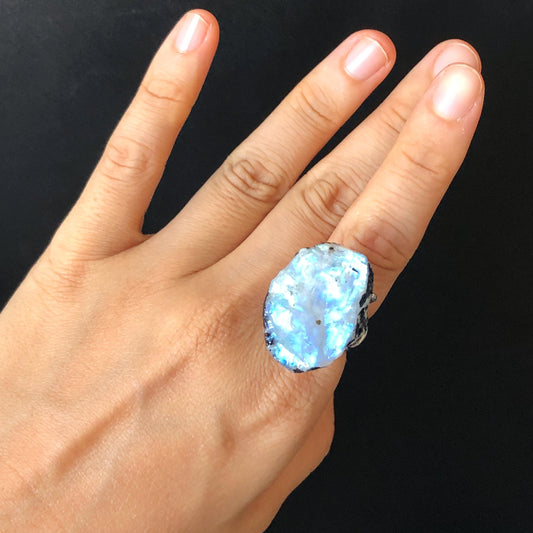 Natural Raw Moonstone Ring, Raw Stone Ring Big Crystal Ring, Shiny Large Statement Ring, Chunky Irregular Ring Gift, Birthstone Gemstone