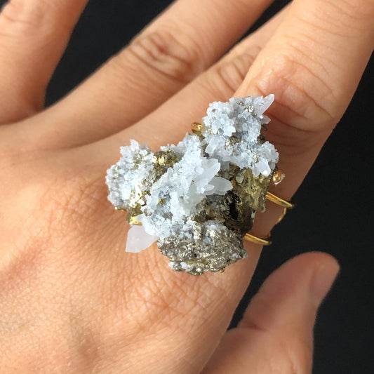 Raw Chalcopyrite Clear Quartz Crystal Ring | Raw Stone Ring | Abundance Stone | Adjustable Statement Band Ring | Natural Gemstone, big statement ring for men and women, adjustable band ring, chunky irregular ring gift for him and her, large crystal