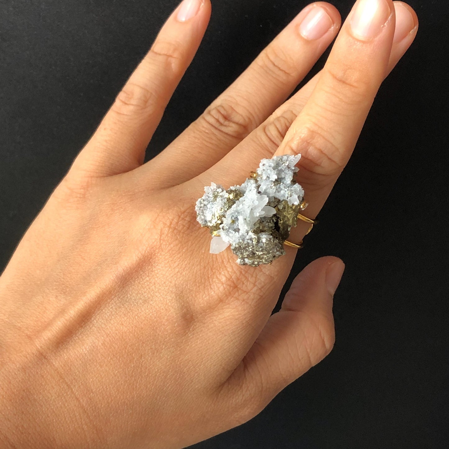 Raw Chalcopyrite Clear Quartz Crystal Ring | Raw Stone Ring | Abundance Stone | Adjustable Statement Band Ring | Natural Gemstone, big statement ring for men and women, adjustable band ring, chunky irregular ring gift for him and her, large crystal