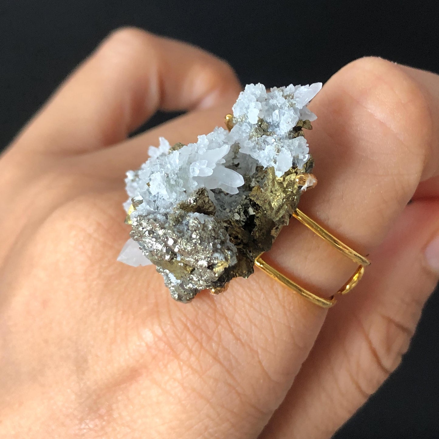 Raw Chalcopyrite Clear Quartz Crystal Ring | Raw Stone Ring | Abundance Stone | Adjustable Statement Band Ring | Natural Gemstone, big statement ring for men and women, adjustable band ring, chunky irregular ring gift for him and her, large crystal