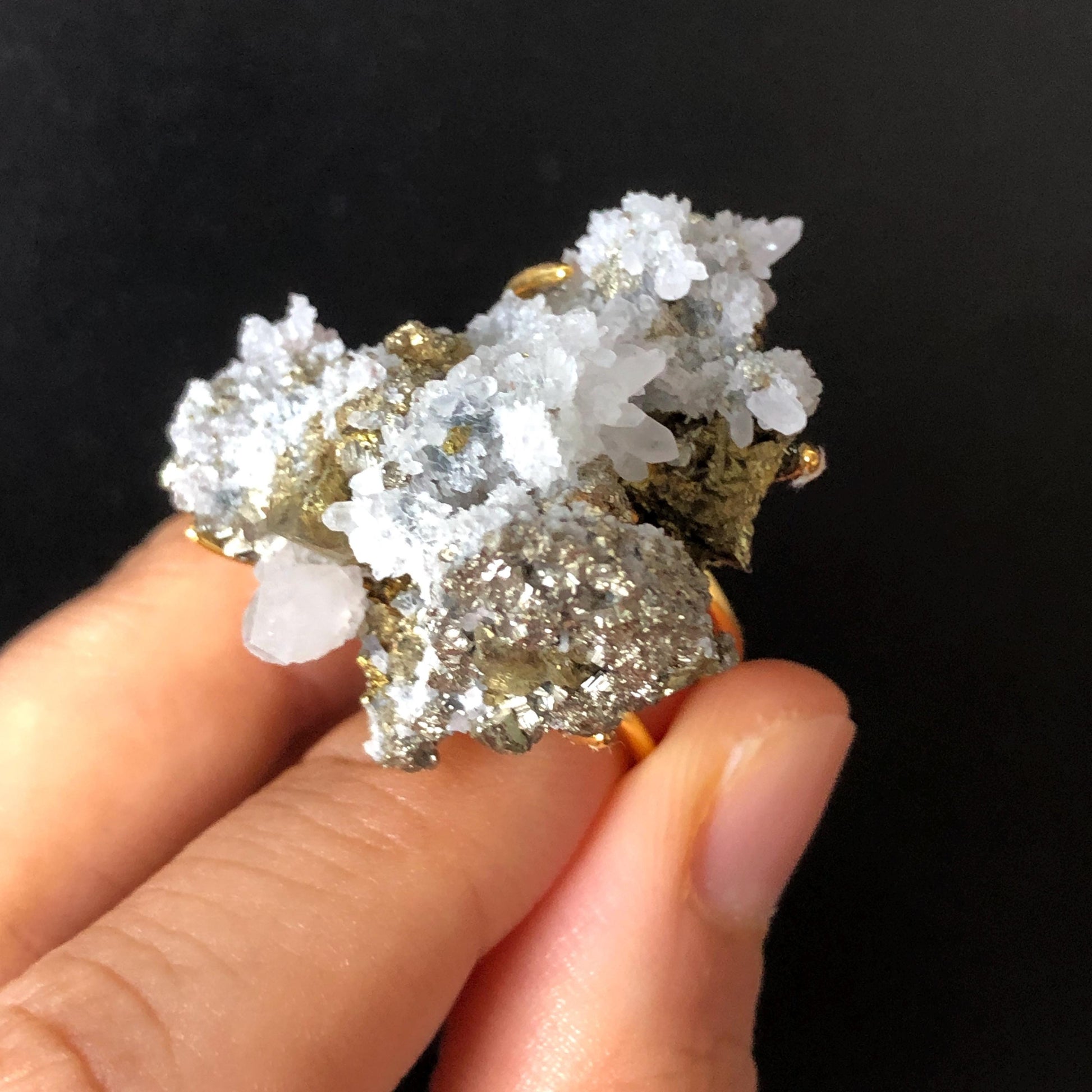 Raw Chalcopyrite Clear Quartz Crystal Ring | Raw Stone Ring | Abundance Stone | Adjustable Statement Band Ring | Natural Gemstone, big statement ring for men and women, adjustable band ring, chunky irregular ring gift for him and her, large crystal