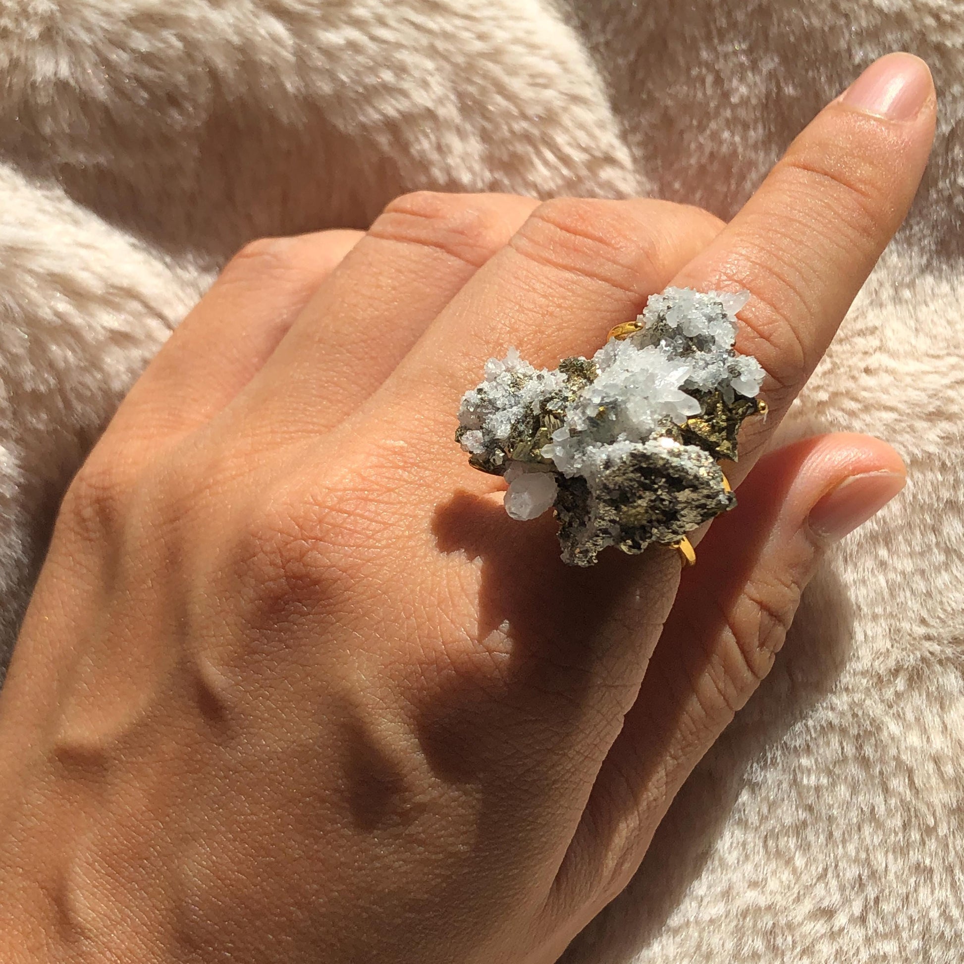 Raw Chalcopyrite Clear Quartz Crystal Ring | Raw Stone Ring | Abundance Stone | Adjustable Statement Band Ring | Natural Gemstone, big statement ring for men and women, adjustable band ring, chunky irregular ring gift for him and her, large crystal