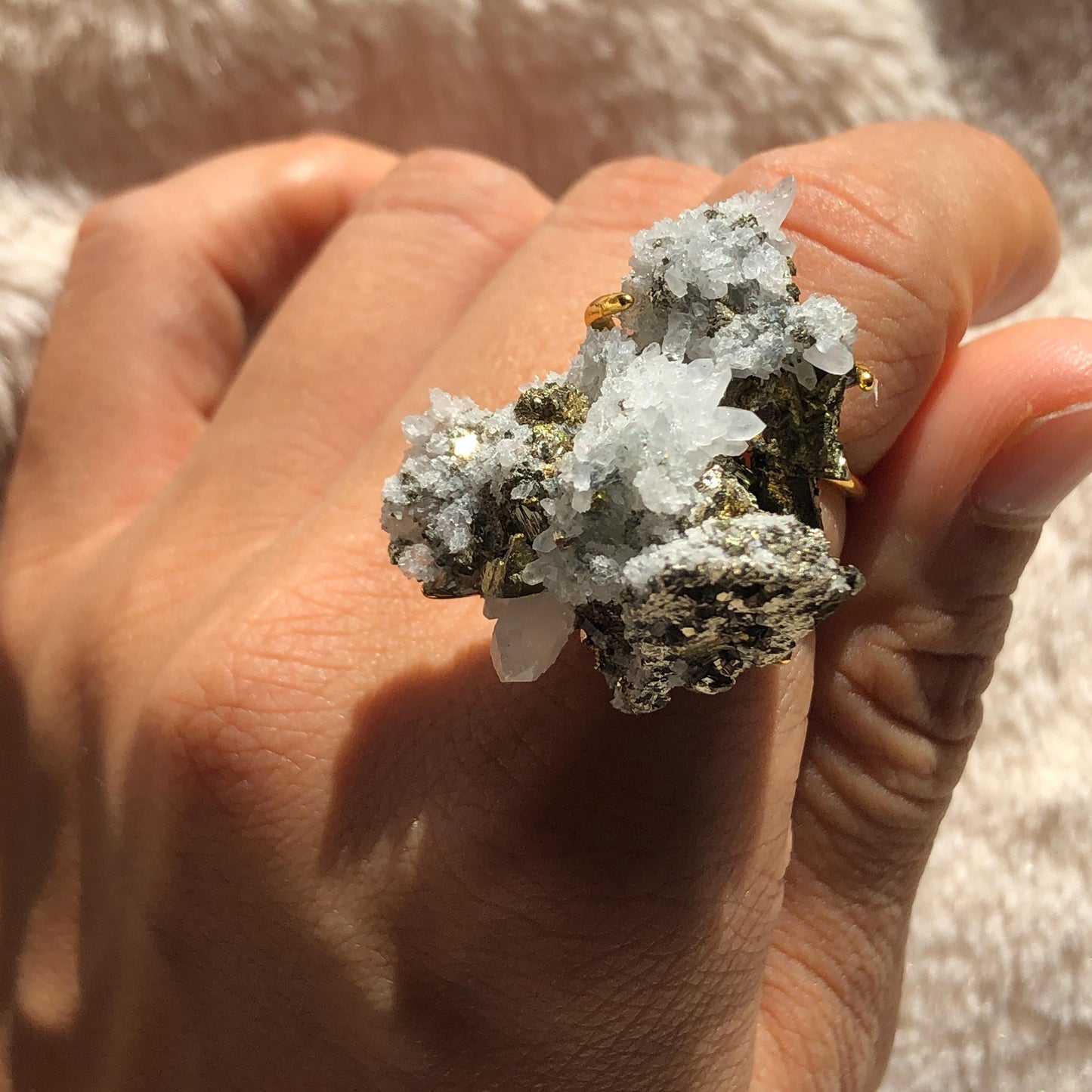 Raw Chalcopyrite Clear Quartz Crystal Ring | Raw Stone Ring | Abundance Stone | Adjustable Statement Band Ring | Natural Gemstone, big statement ring for men and women, adjustable band ring, chunky irregular ring gift for him and her, large crystal