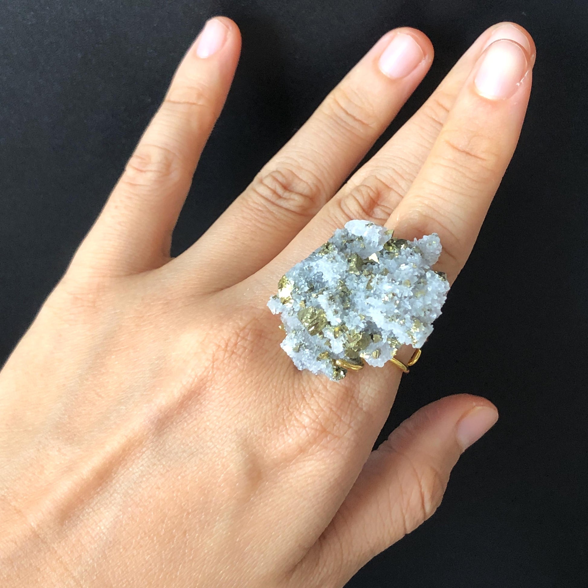 Raw Chalcopyrite and Clear Quartz Crystal Ring | Raw Stone Ring | Abundance Stone | Adjustable Statement Ring | Natural Birthstone Gemstone