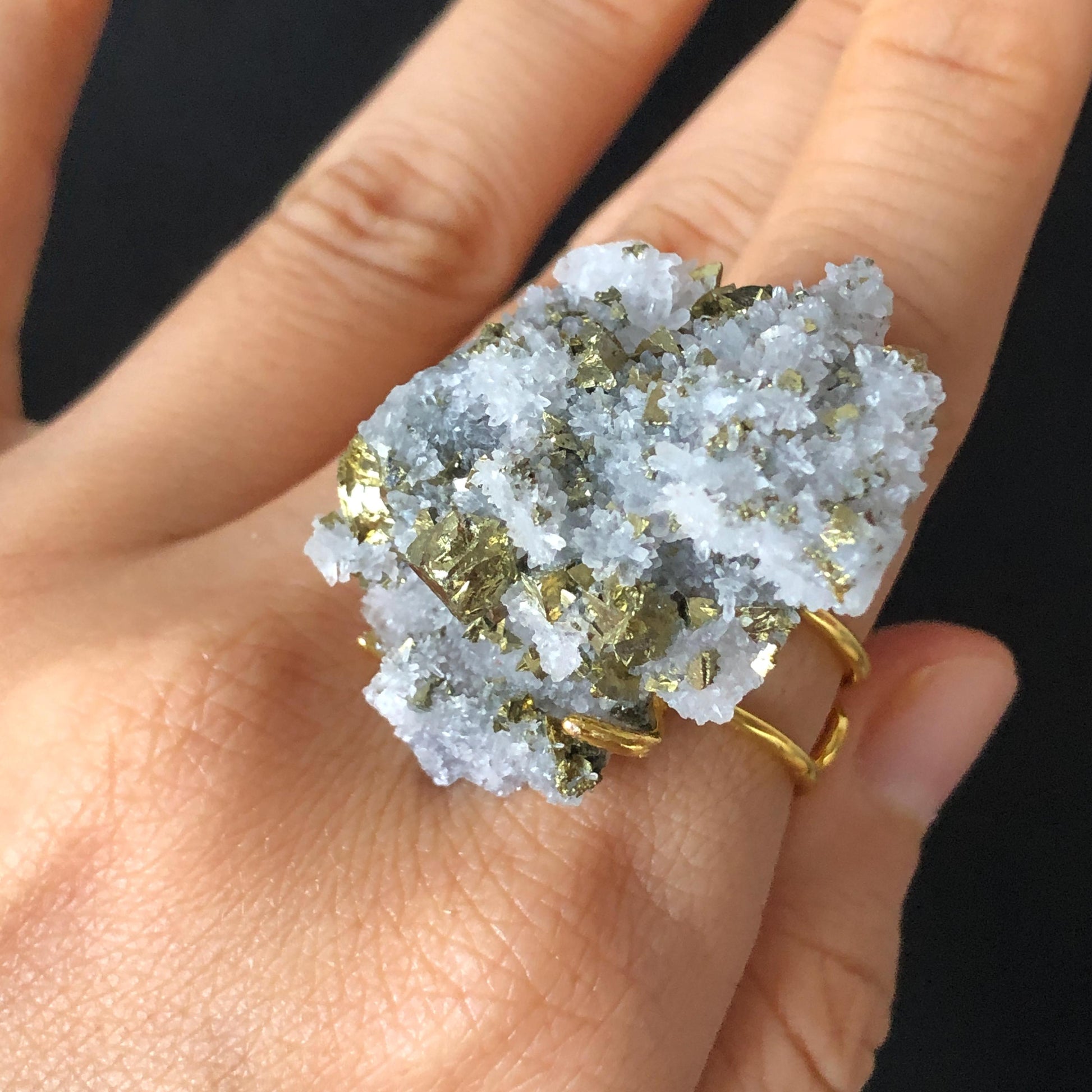 Raw Chalcopyrite and Clear Quartz Crystal Ring | Raw Stone Ring | Abundance Stone | Adjustable Statement Ring | Natural Birthstone Gemstone