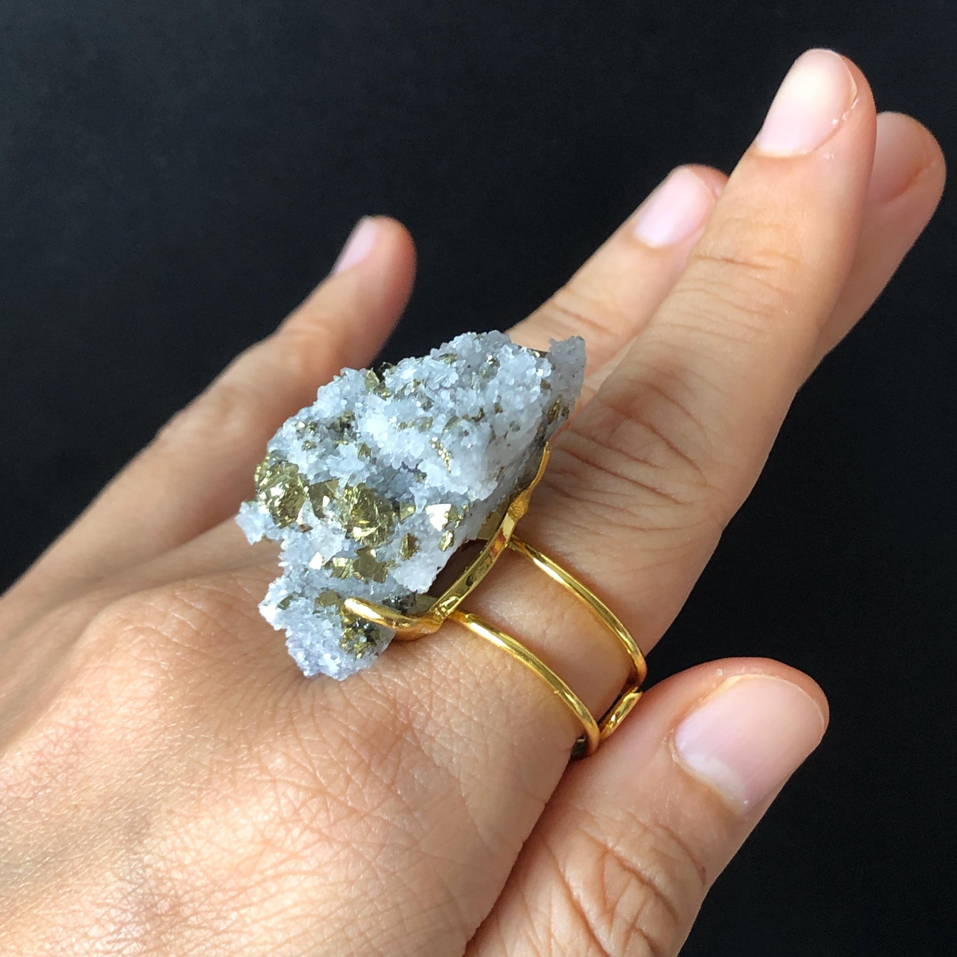 Raw Chalcopyrite and Clear Quartz Crystal Ring | Raw Stone Ring | Abundance Stone | Adjustable Statement Ring | Natural Birthstone Gemstone