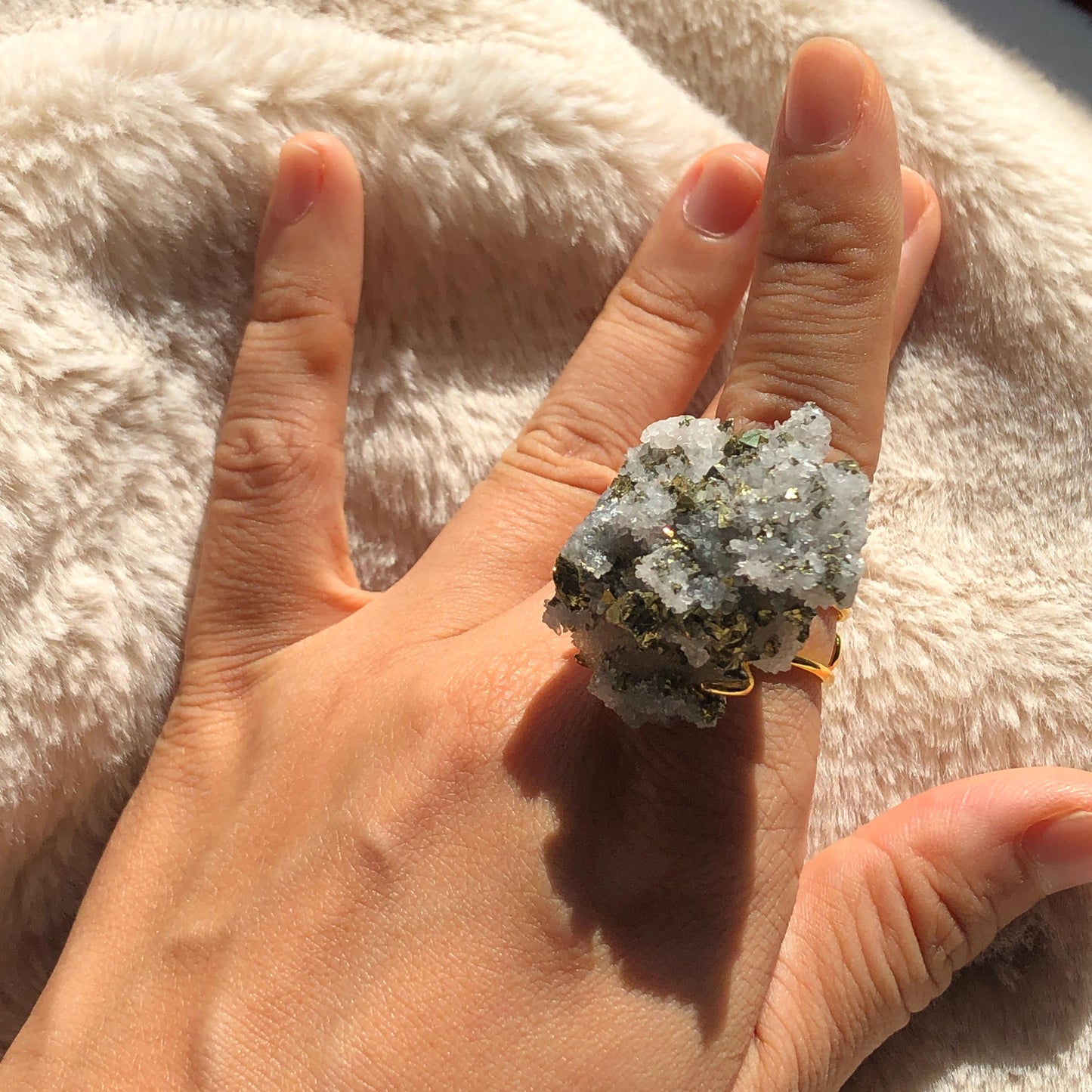 Raw Chalcopyrite and Clear Quartz Crystal Ring | Raw Stone Ring | Abundance Stone | Adjustable Statement Ring | Natural Birthstone Gemstone