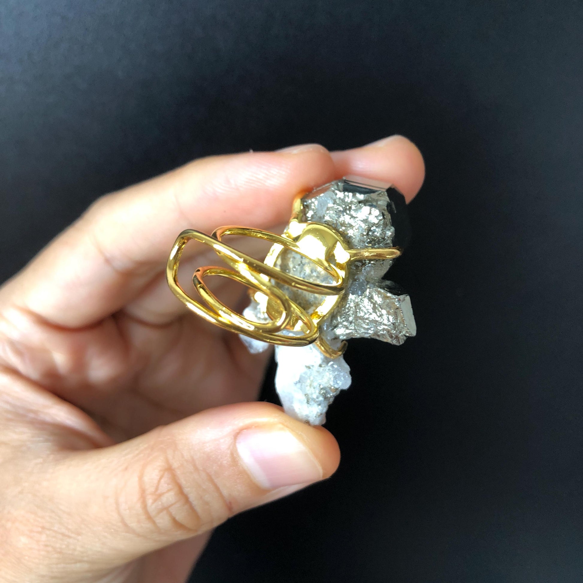 Raw Chalcopyrite and Clear Quartz Crystal Ring | Raw Stone Ring | Abundance Stone | Adjustable Statement Ring | Natural Birthstone Gemstone