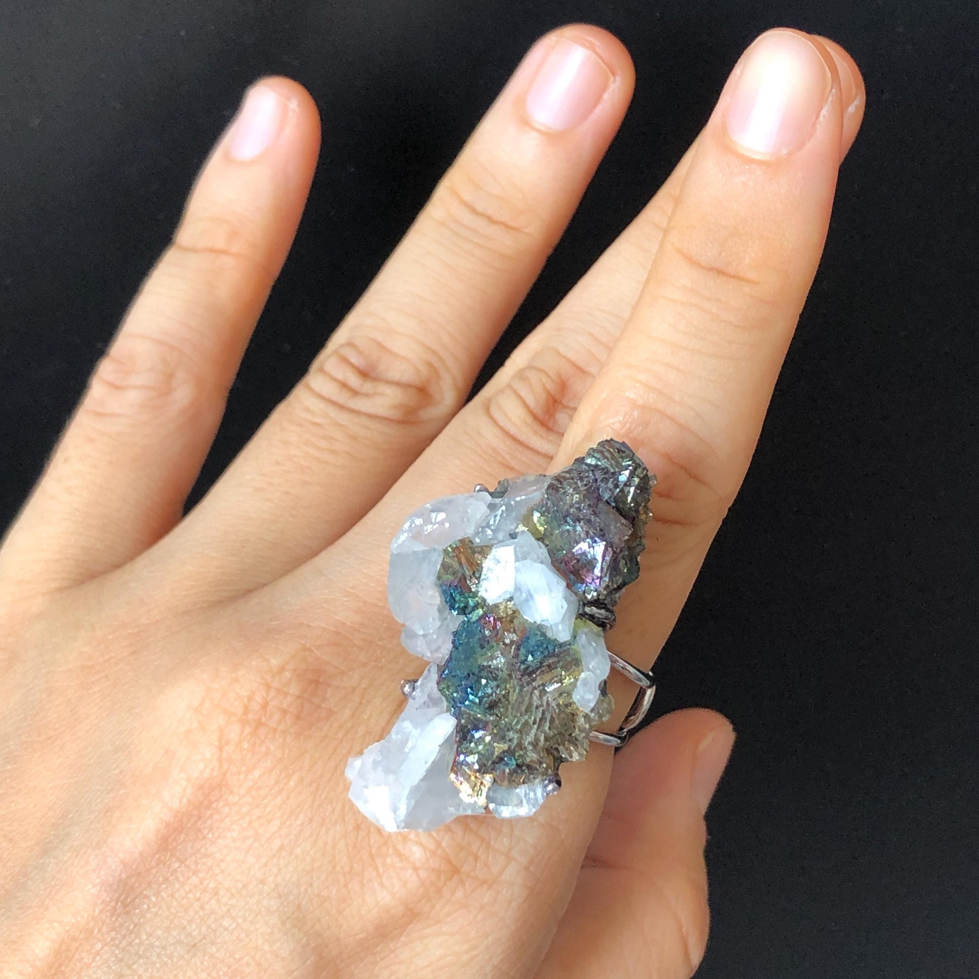 Raw Rainbow Chalcopyrite Calcite Crystal Ring, Large Raw Stone Ring Big Crystal Ring, Chunky Irregular ring gift, Oversized gemstone Jewelry, silver-plated copper ring, Huge Statement ring for men and women, Birthstone ring gift for her and him