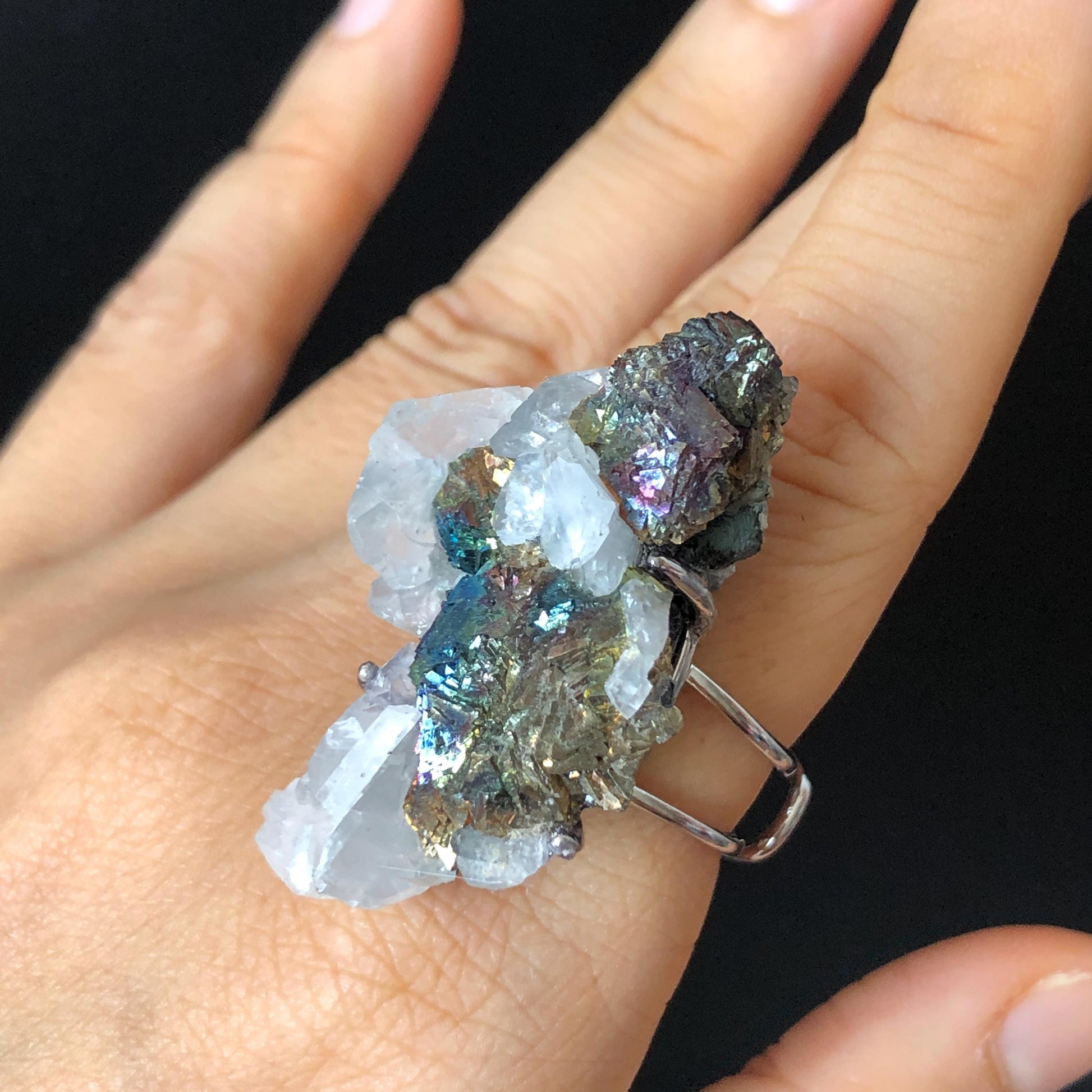 Raw Rainbow Chalcopyrite Calcite Crystal Ring, Large Raw Stone Ring Big Crystal Ring, Chunky Irregular ring gift, Oversized gemstone Jewelry, silver-plated copper ring, Huge Statement ring for men and women, Birthstone ring gift for her and him