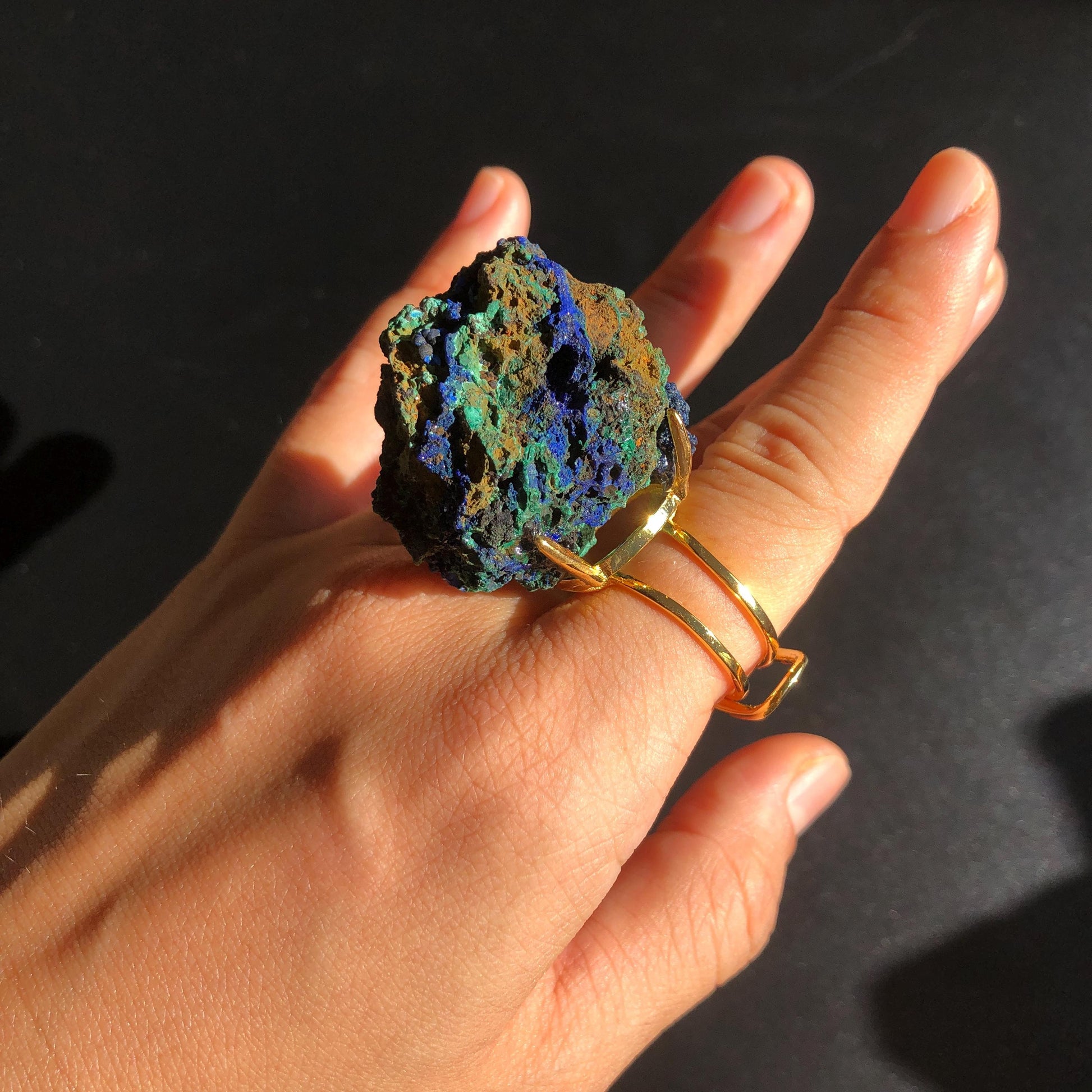 Raw Azurite Malachite Ring, Raw Stone Ring, Raw Crystal Ring, Big Statement Ring, Rough Irregular Chunky Gemstone Ring Gift for Men and Women, Sparky Shiny Crystal Ring, May Birthstone Ring, Silver Gold plated copper ring, birthday gift for her him