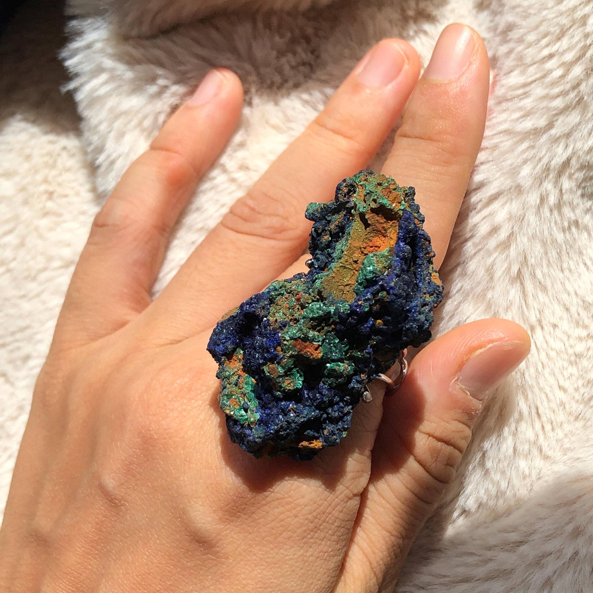 Raw Azurite Malachite Crystal Ring | The Forest | Sparkling Blue | Adjustable Statement Band Ring | Third Eye Chakra | Natural Gemstone