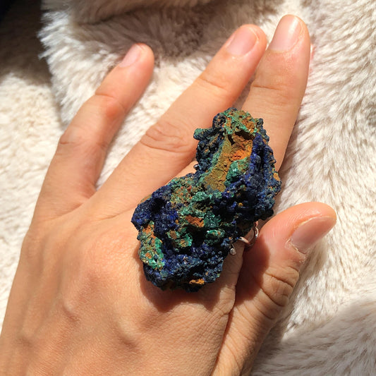 Raw Azurite Malachite Crystal Ring | The Forest | Sparkling Blue | Adjustable Statement Band Ring | Third Eye Chakra | Natural Gemstone