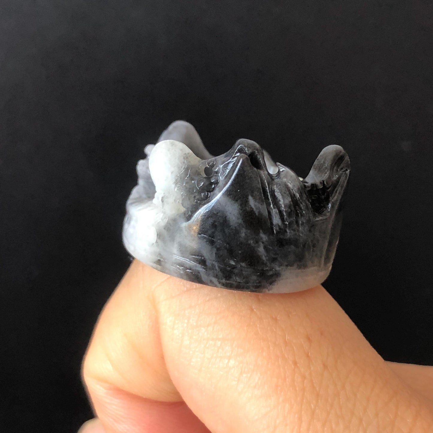 Natural Xiu Jade Serpentine Carved Countryside Landscape Ring | 17.5mm (US 7-7.5) | Black & White | Sunset and Dawn | Chinese ink painting